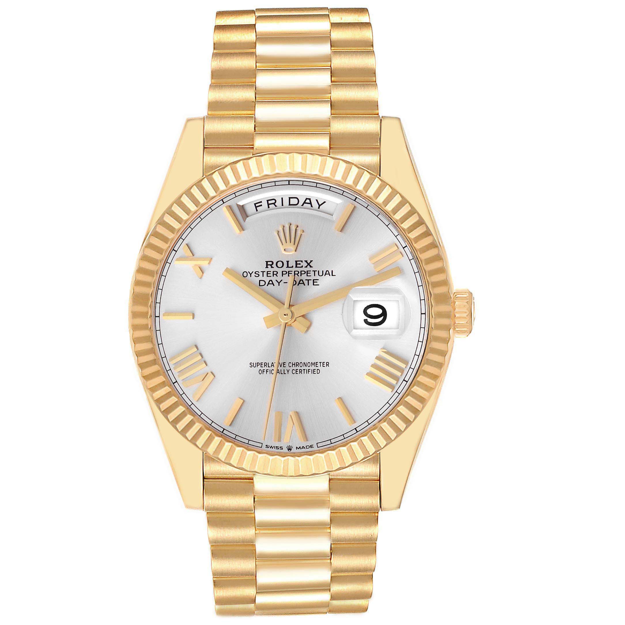 The Rolex President model 228238 is shown from a front angle, displaying its dial, bracelet, bezel, and day-date features.