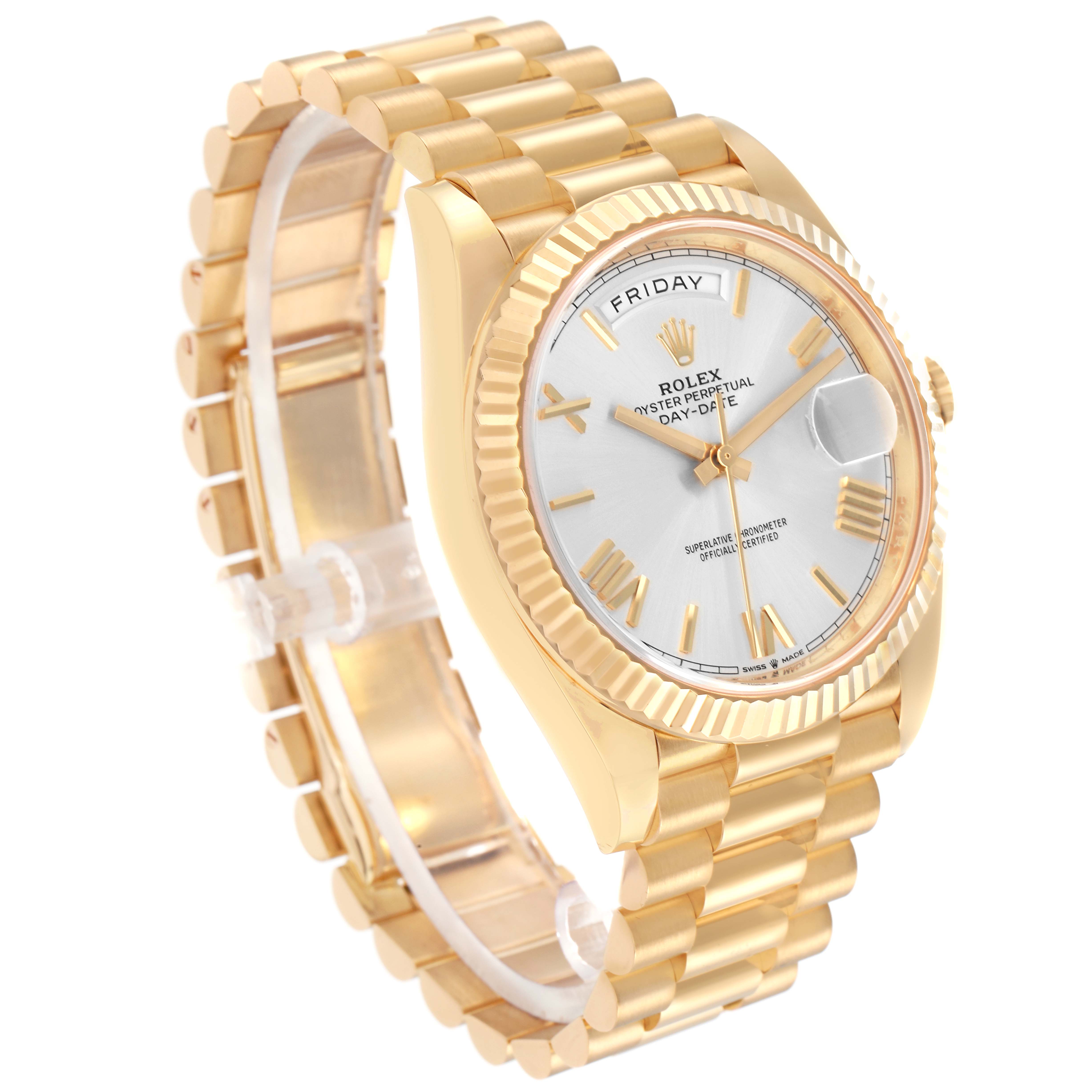 The image shows a Rolex President model 228238 men
s watch at a side angle, highlighting the dial, bezel, bracelet, and part of the case.