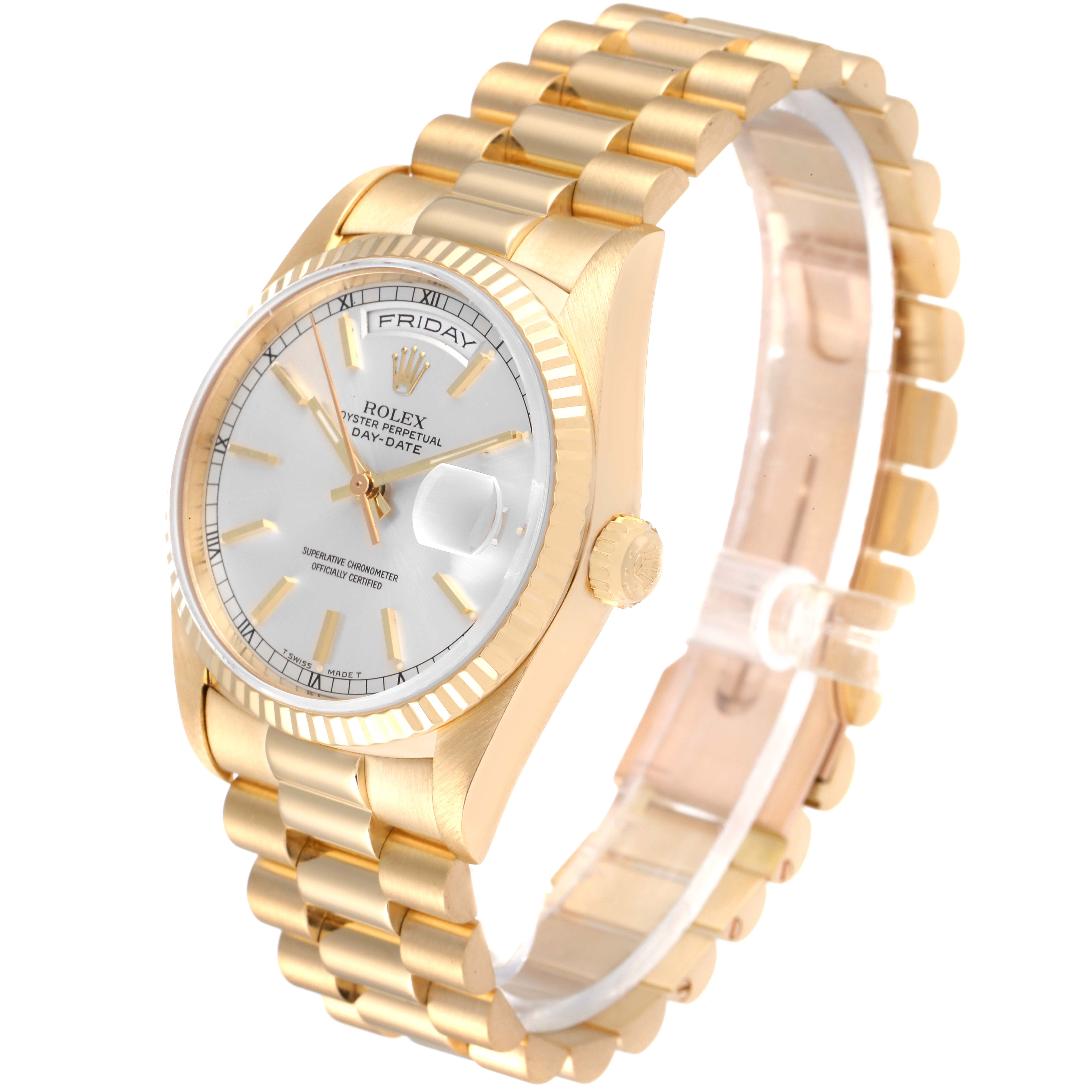 This image shows a Rolex President 18238 Men
s Yellow Gold Silver Dial 18238 Men
s Yellow Gold Silver Dial model watch from an angled side view, highlighting its golden band, bezel, and face.