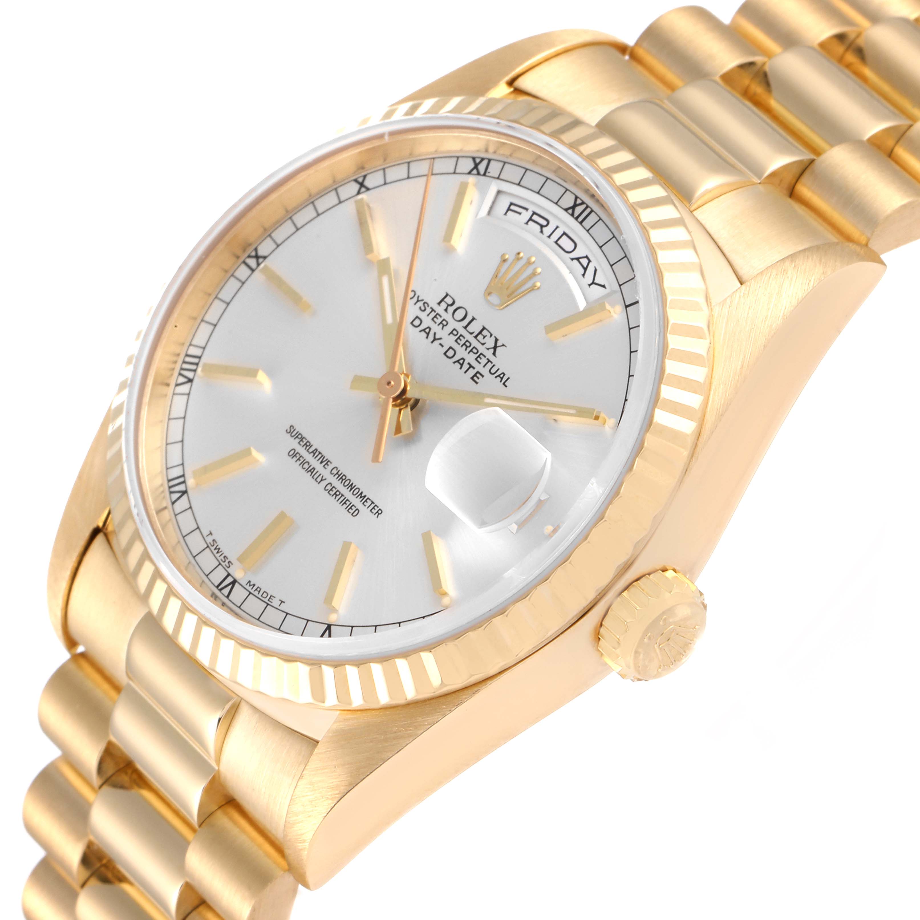 This image shows the Rolex President 18238 Men
s Yellow Gold Silver Dial 18238 Men
s Yellow Gold Silver Dial model watch at a slight angle, highlighting the face, bezel, bracelet, and crown.