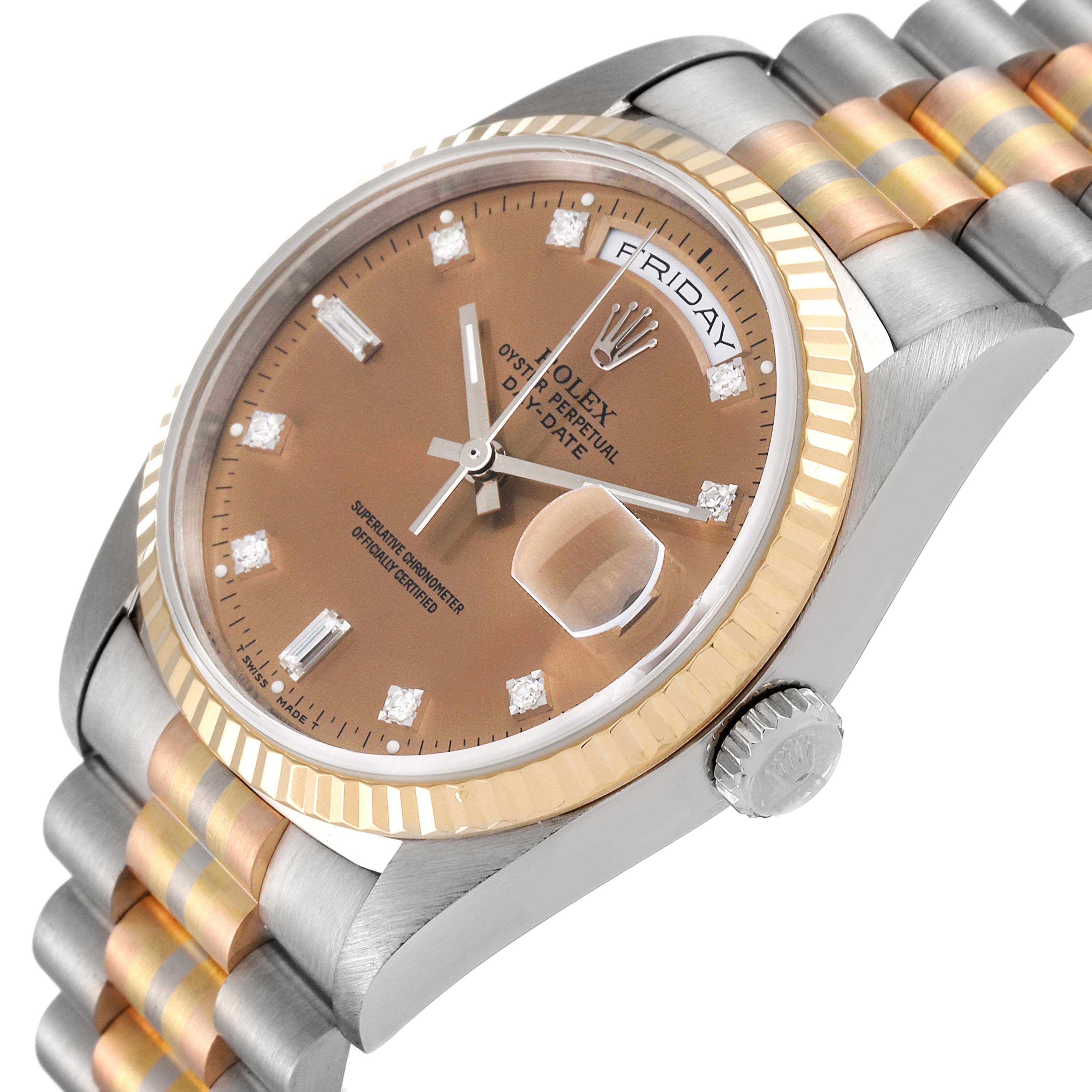 The image shows a close-up angled view of the face, bezel, and part of the band of a Rolex President 18239 Men's White Gold Brown Dial 18239 Men's White Gold Brown Dial model watch.