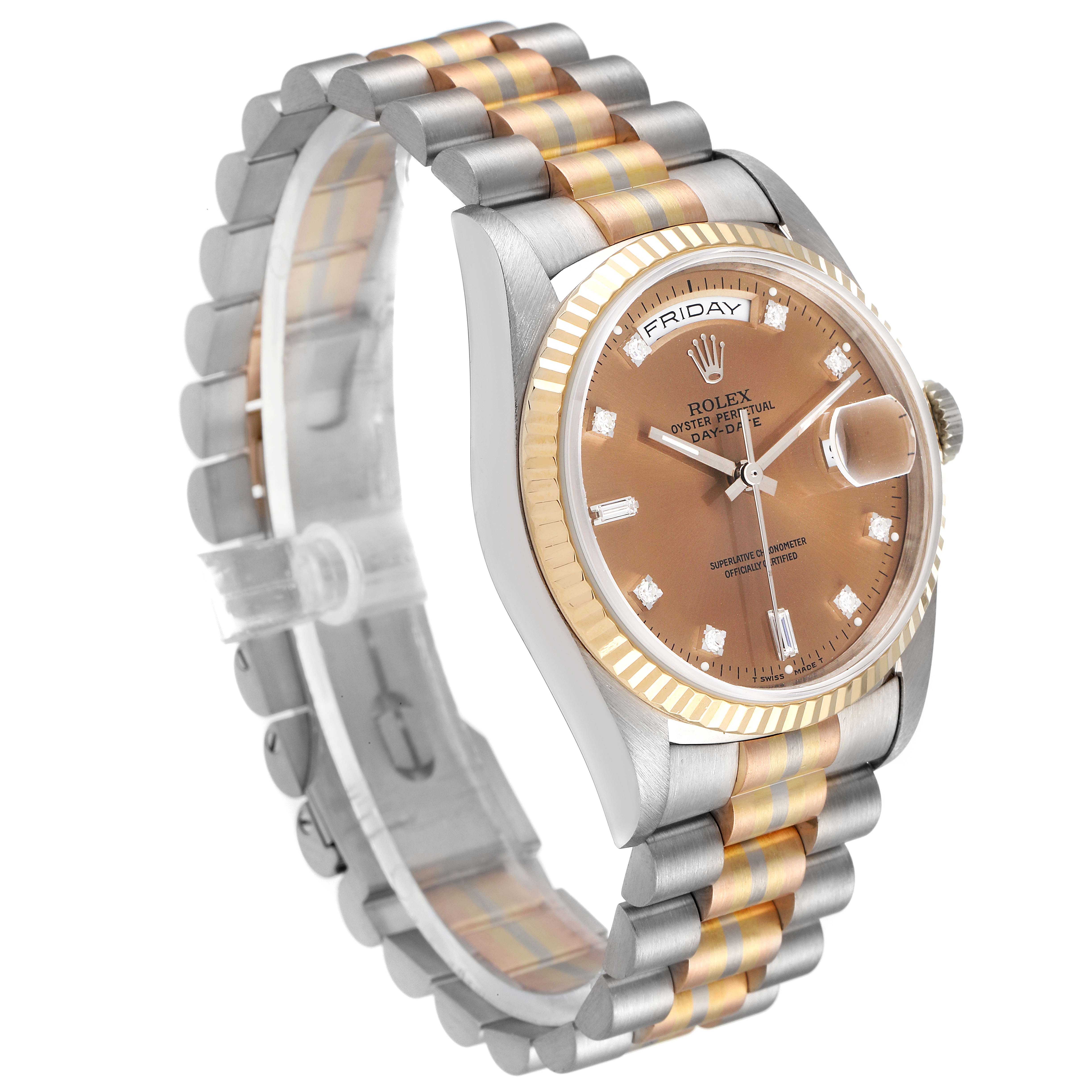 The image shows a Rolex President 18239 Men's White Gold Brown Dial 18239 Men's White Gold Brown Dial model watch at an angled view, displaying its face, bezel, and part of the two-tone bracelet.