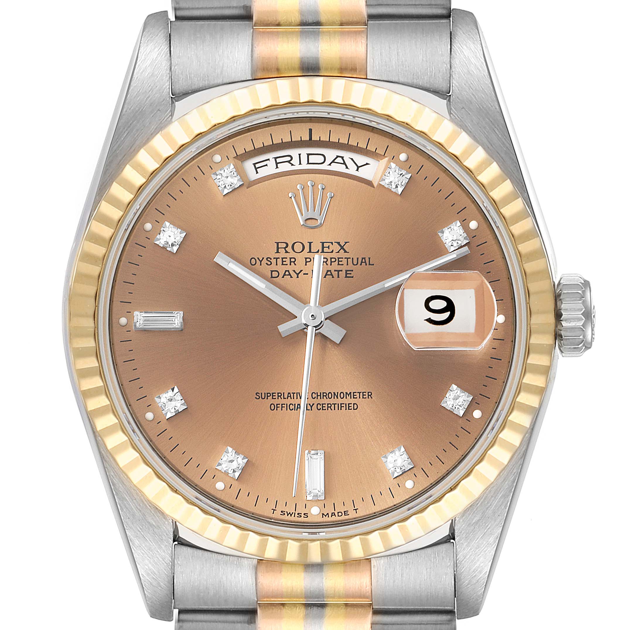 The image shows a frontal view of the Rolex President 18239 Men's White Gold Brown Dial 18239 Men's White Gold Brown Dial model watch, highlighting its dial, fluted bezel, and part of the bracelet.