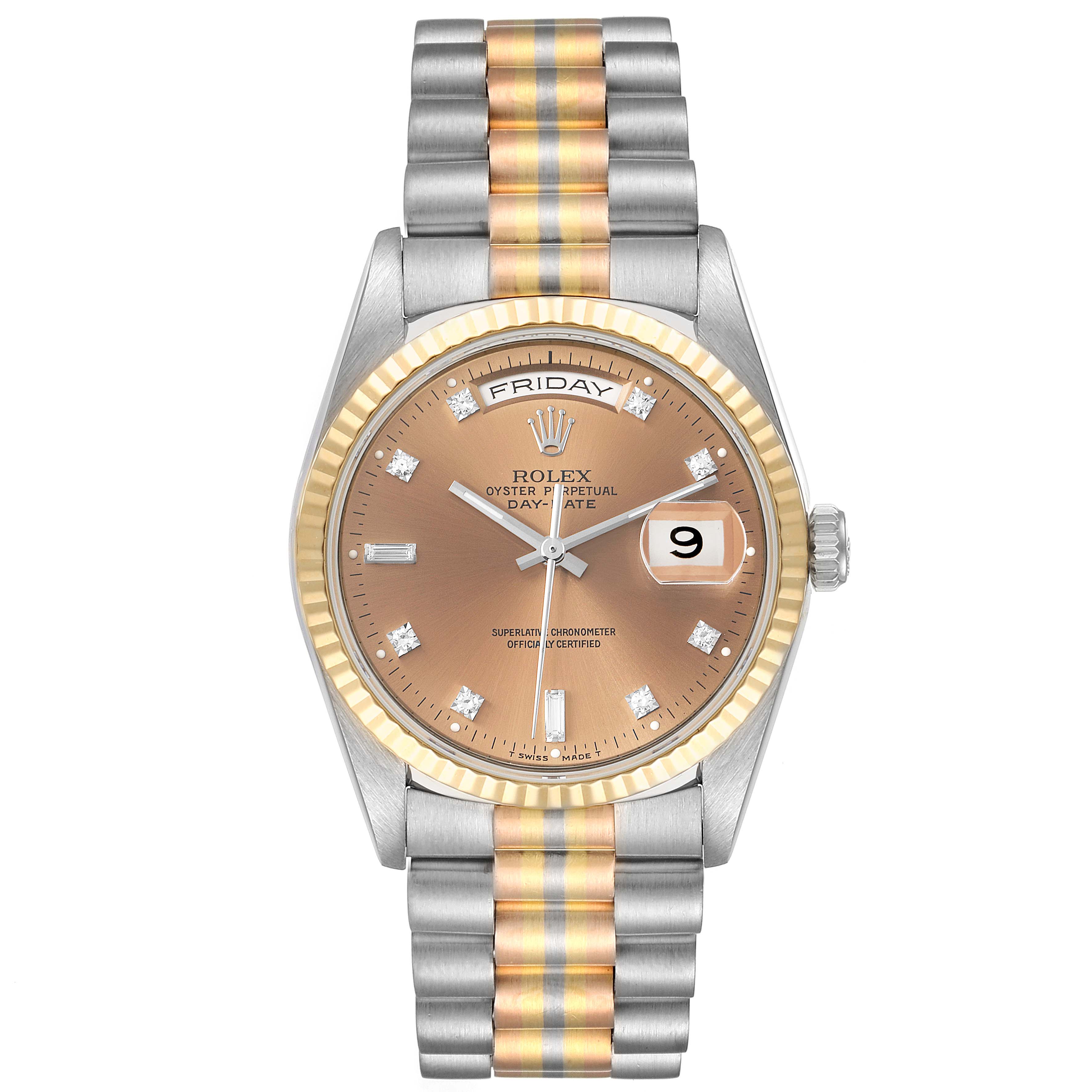 The Rolex President 18239 Men's White Gold Brown Dial 18239 Men's White Gold Brown Dial model watch is shown from a front angle, displaying its dial, fluted bezel, and two-tone bracelet.