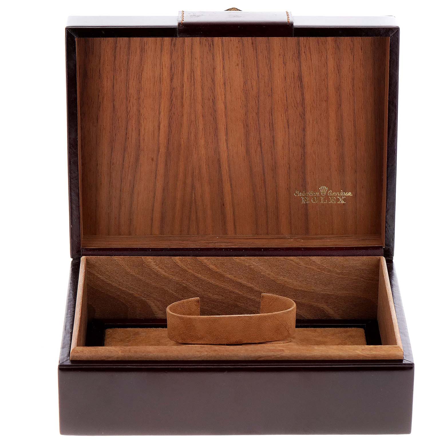 An empty Rolex President 18239 Men's White Gold Brown Dial 18239 Men's White Gold Brown Dial watch box is shown from a front angle, revealing its wooden interior and cushion.