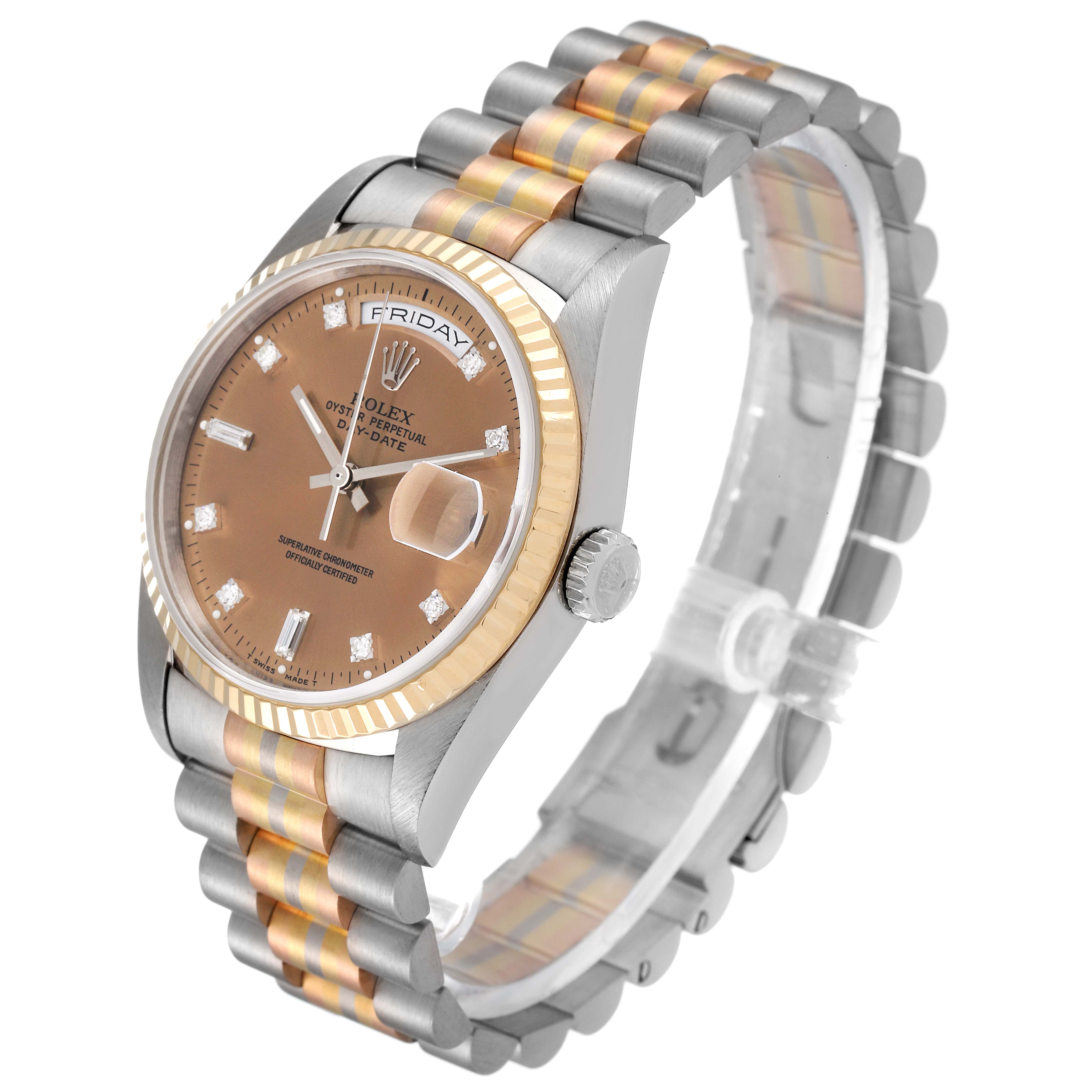 The image shows a Rolex President 18239 Men's White Gold Brown Dial 18239 Men's White Gold Brown Dial model watch from an angled top view, highlighting its dial, bezel, crown, and bracelet.