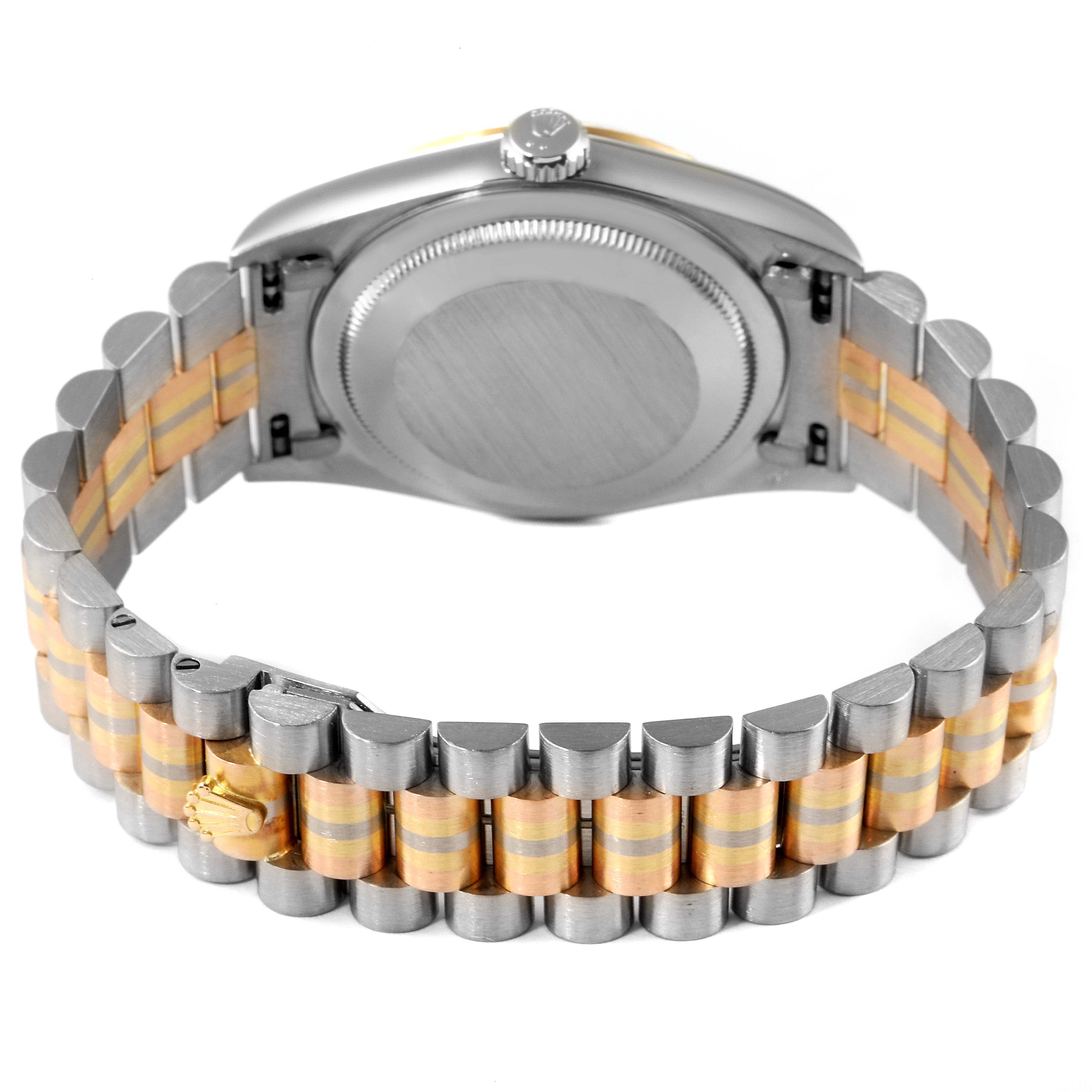 The image shows the back of a Rolex President 18239 Men's White Gold Brown Dial 18239 Men's White Gold Brown Dial model, highlighting the case back and two-tone bracelet.