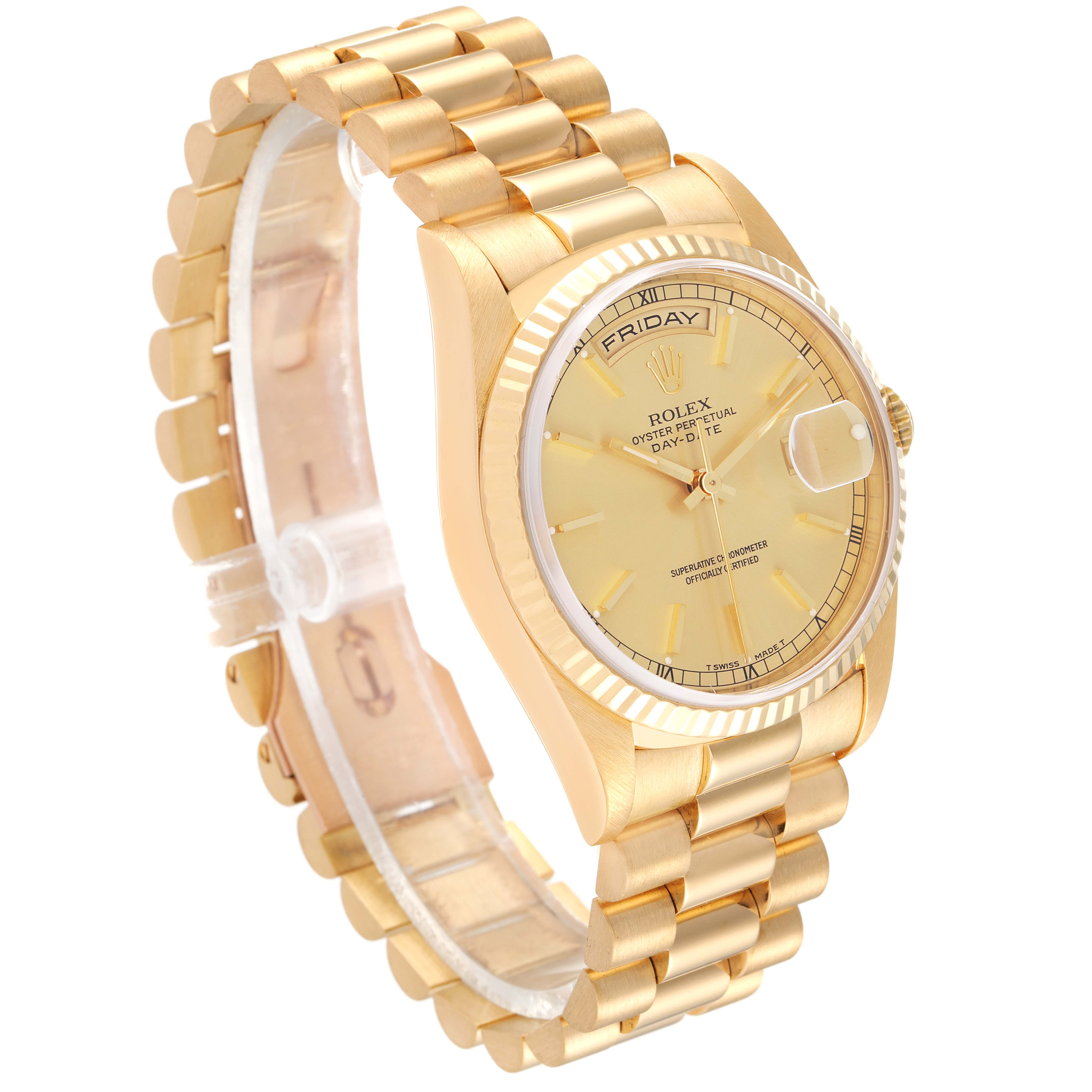 The Rolex President 18238 Men's Yellow Gold Champagne Dial 18238 Men's Yellow Gold Champagne Dial watch is shown at a three-quarter angle, highlighting its gold case, fluted bezel, bracelet, and dial with day and date.