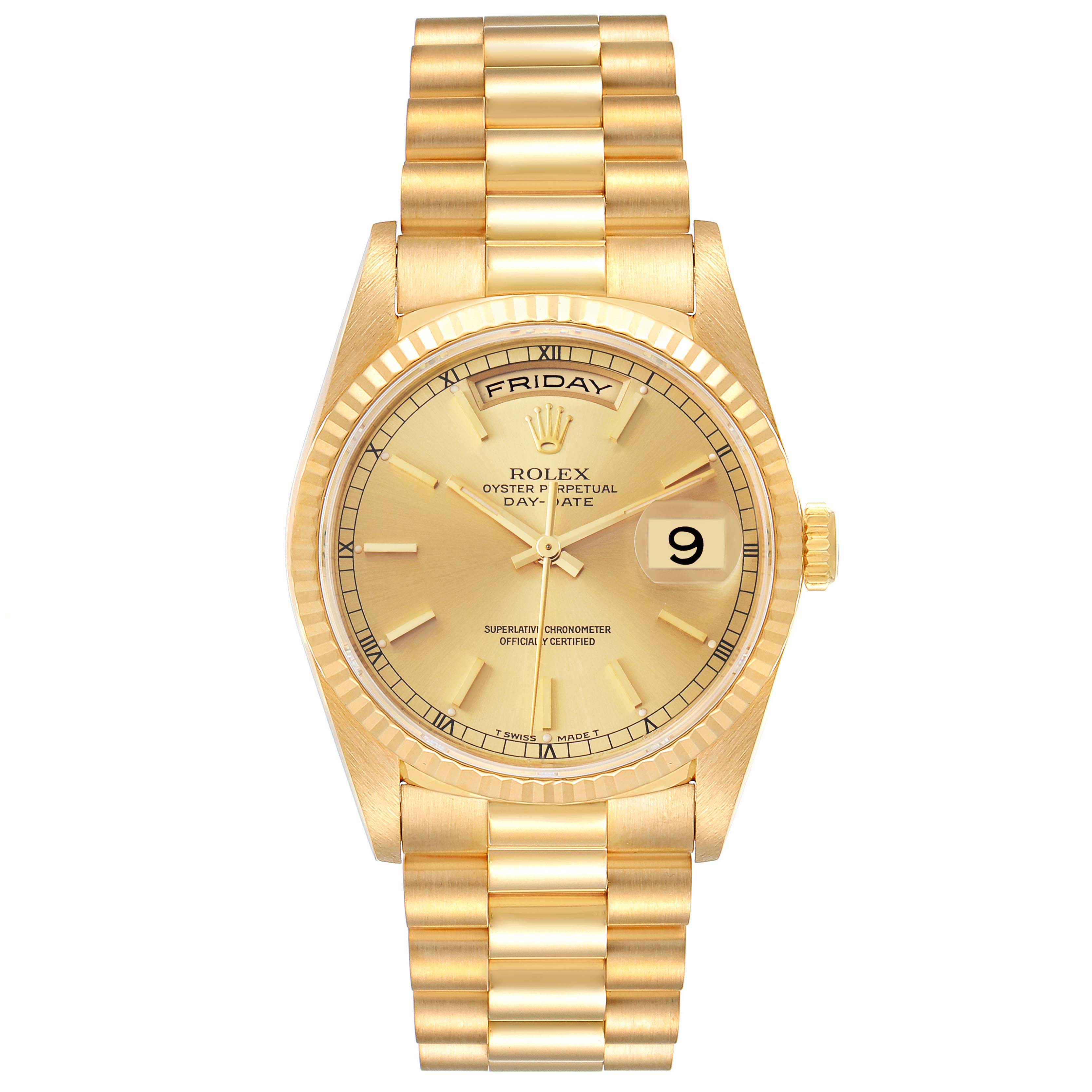 The image shows a front view of a Rolex President 18238 Men's Yellow Gold Champagne Dial 18238 Men's Yellow Gold Champagne Dial model watch, displaying the face, bracelet, crown, day, and date.