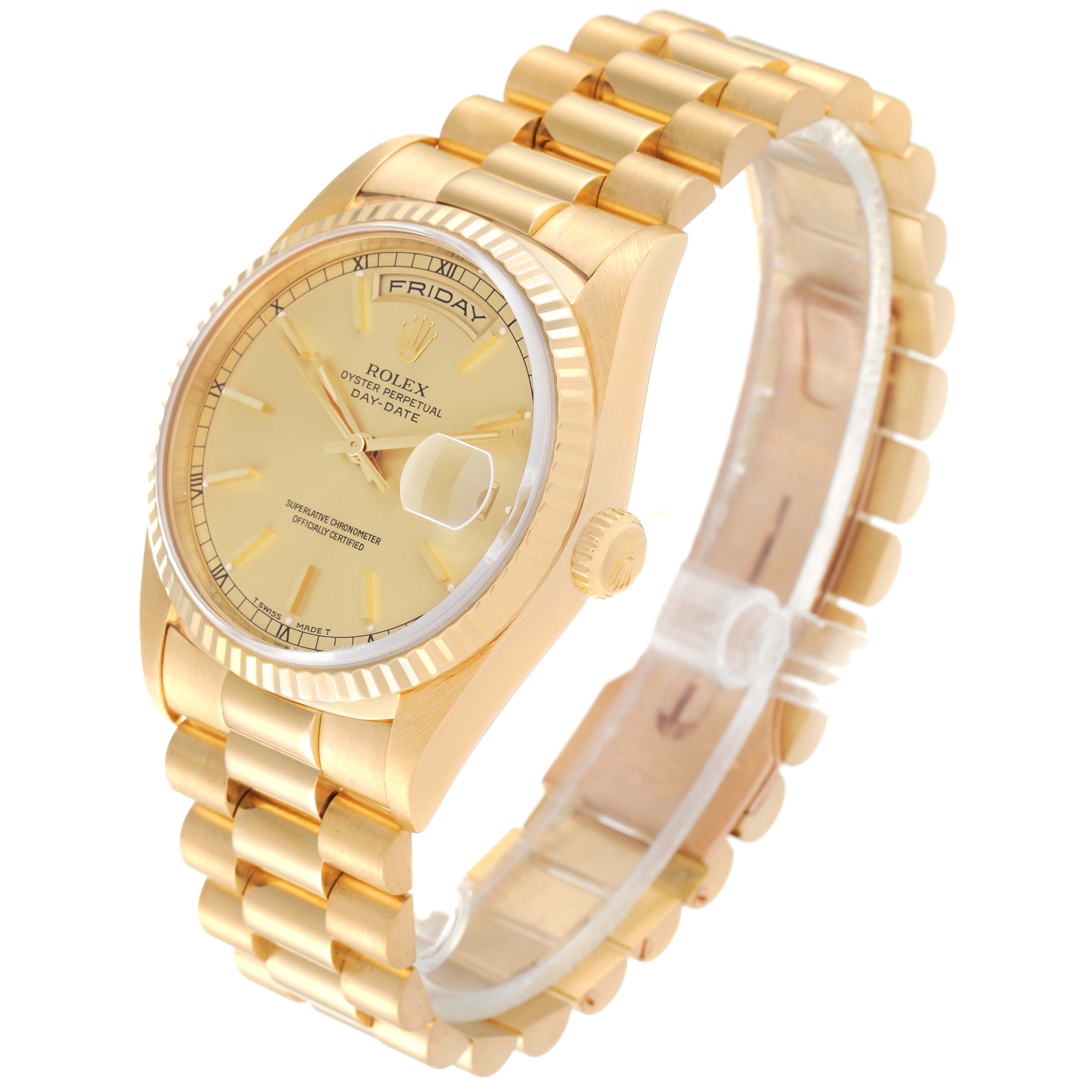 The Rolex President 18238 Men's Yellow Gold Champagne Dial 18238 Men's Yellow Gold Champagne Dial model watch is shown at a three-quarter angle, displaying its face, bezel, and bracelet.