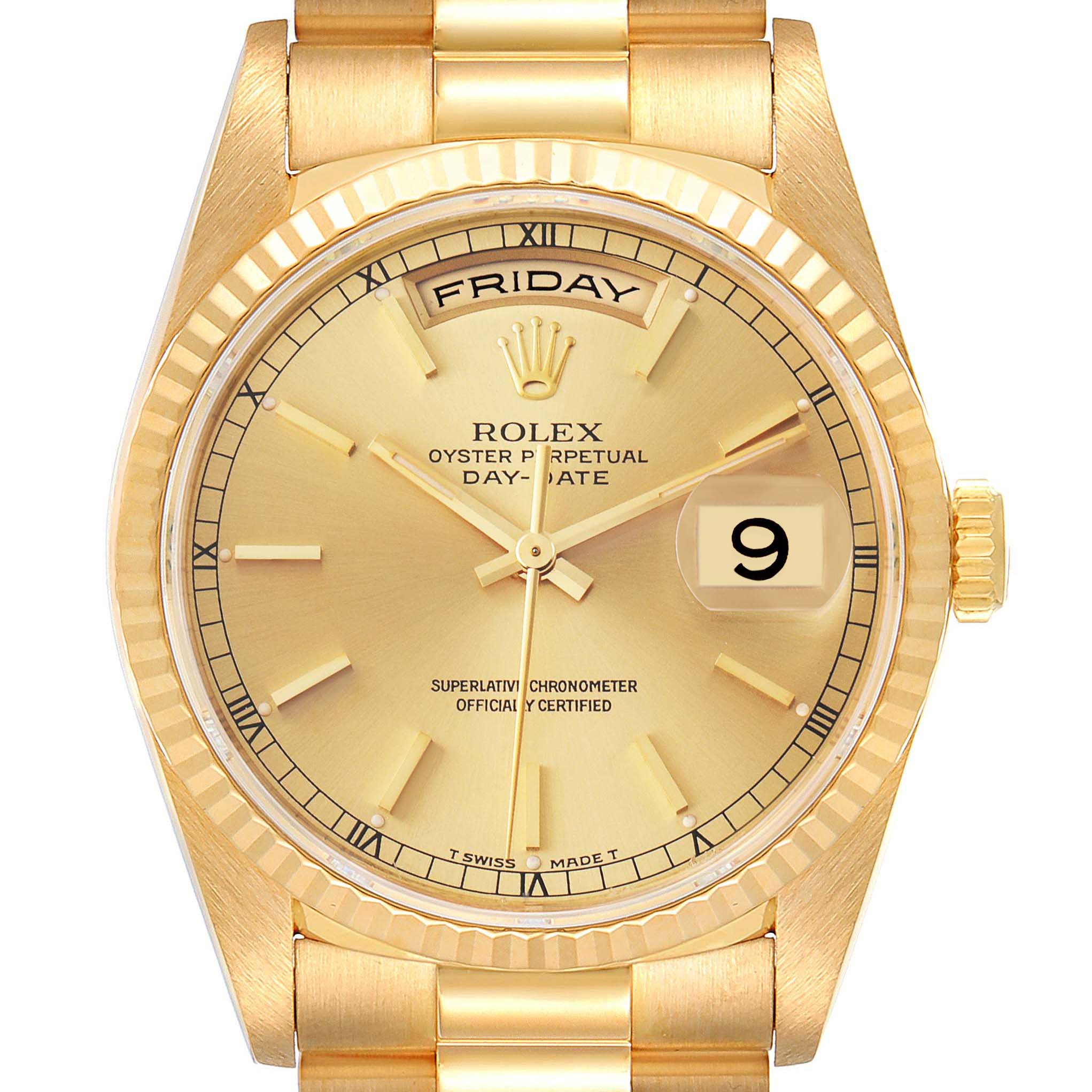 This image shows a front view of a Rolex President 18238 Men's Yellow Gold Champagne Dial 18238 Men's Yellow Gold Champagne Dial model watch, highlighting the dial, hands, date window, and part of the bracelet.