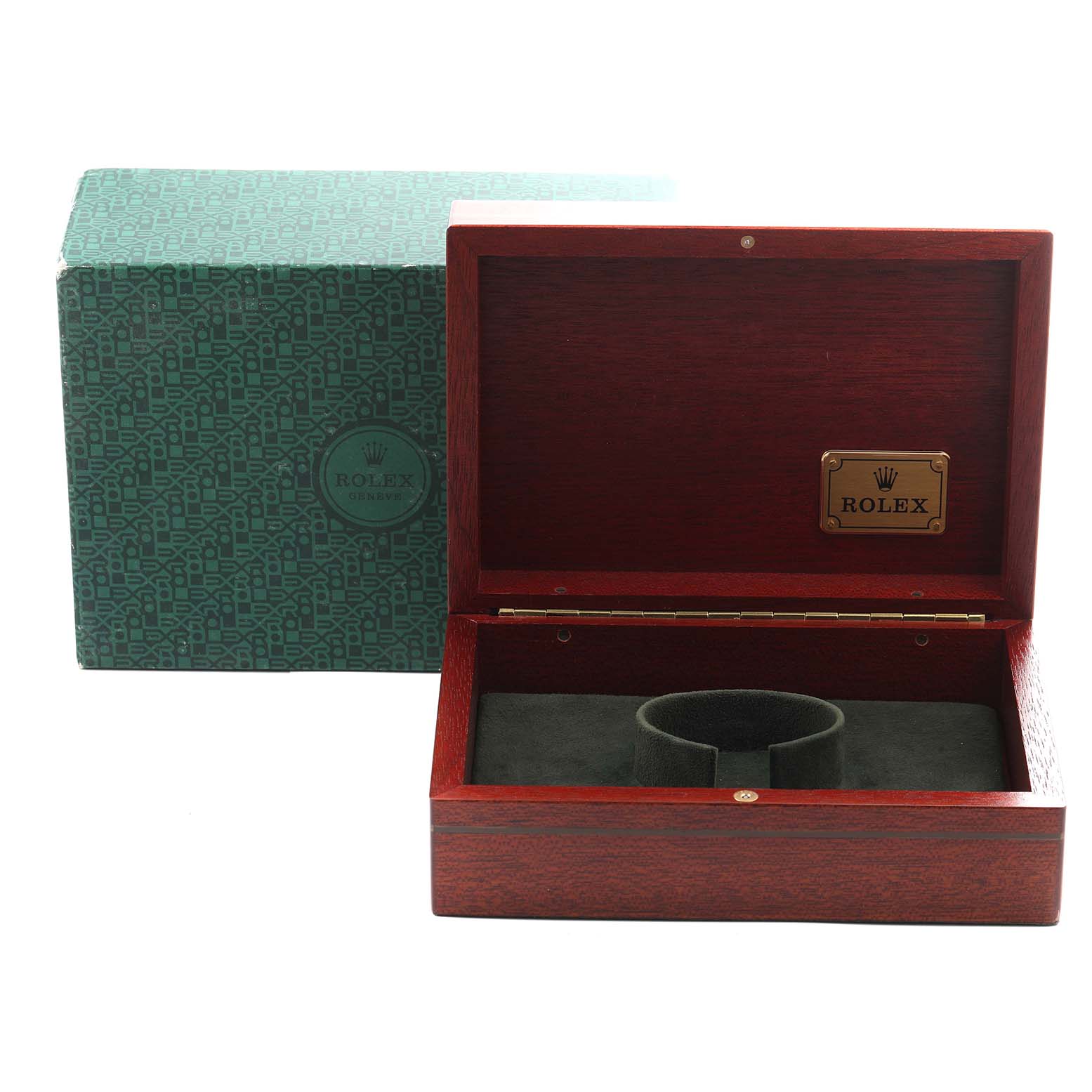 The image shows an open wooden Rolex box, likely for the President model 118238, with a green outer box in the background.