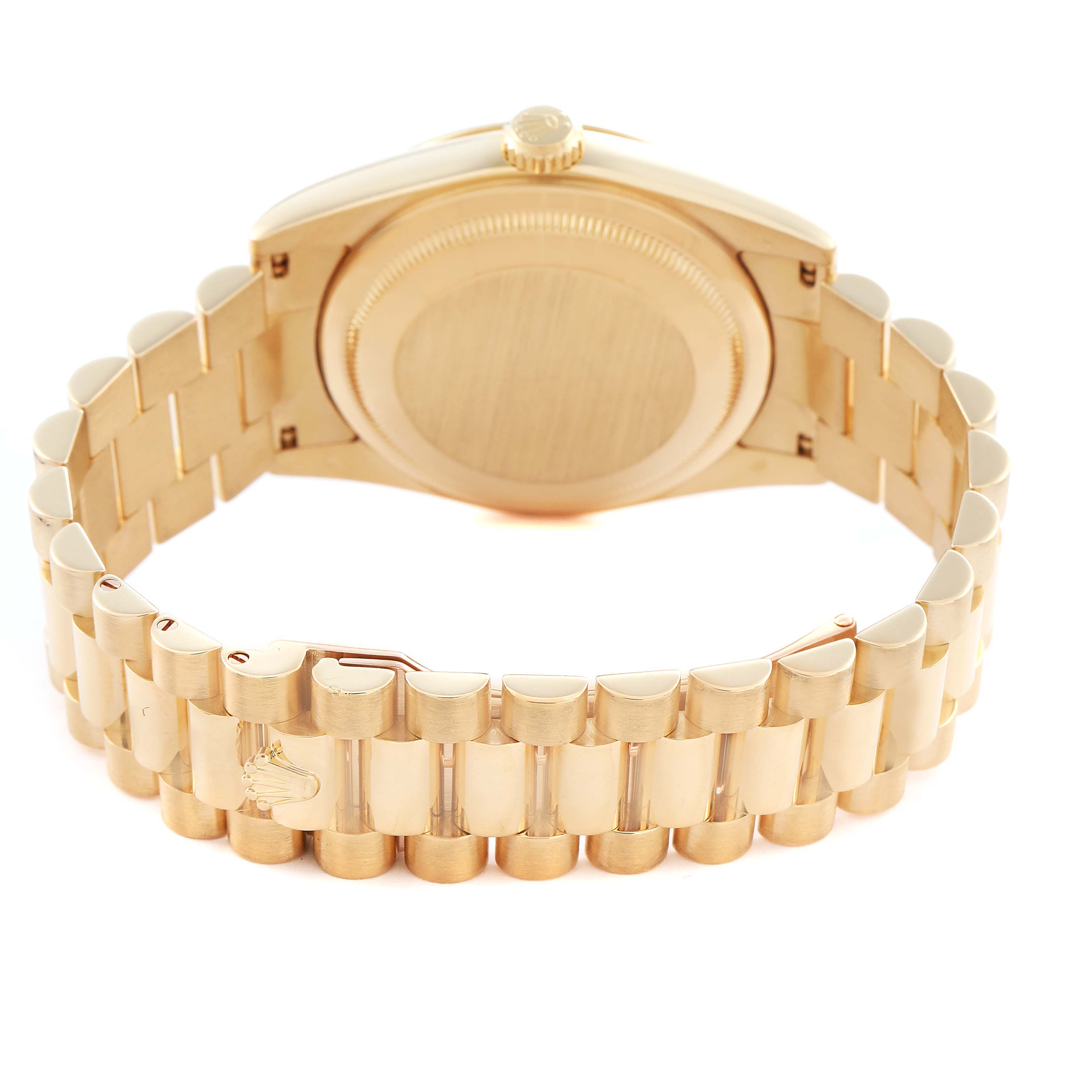 The Rolex President Model 118238 Men's watch is shown from the back, highlighting the gold bracelet and clasp.