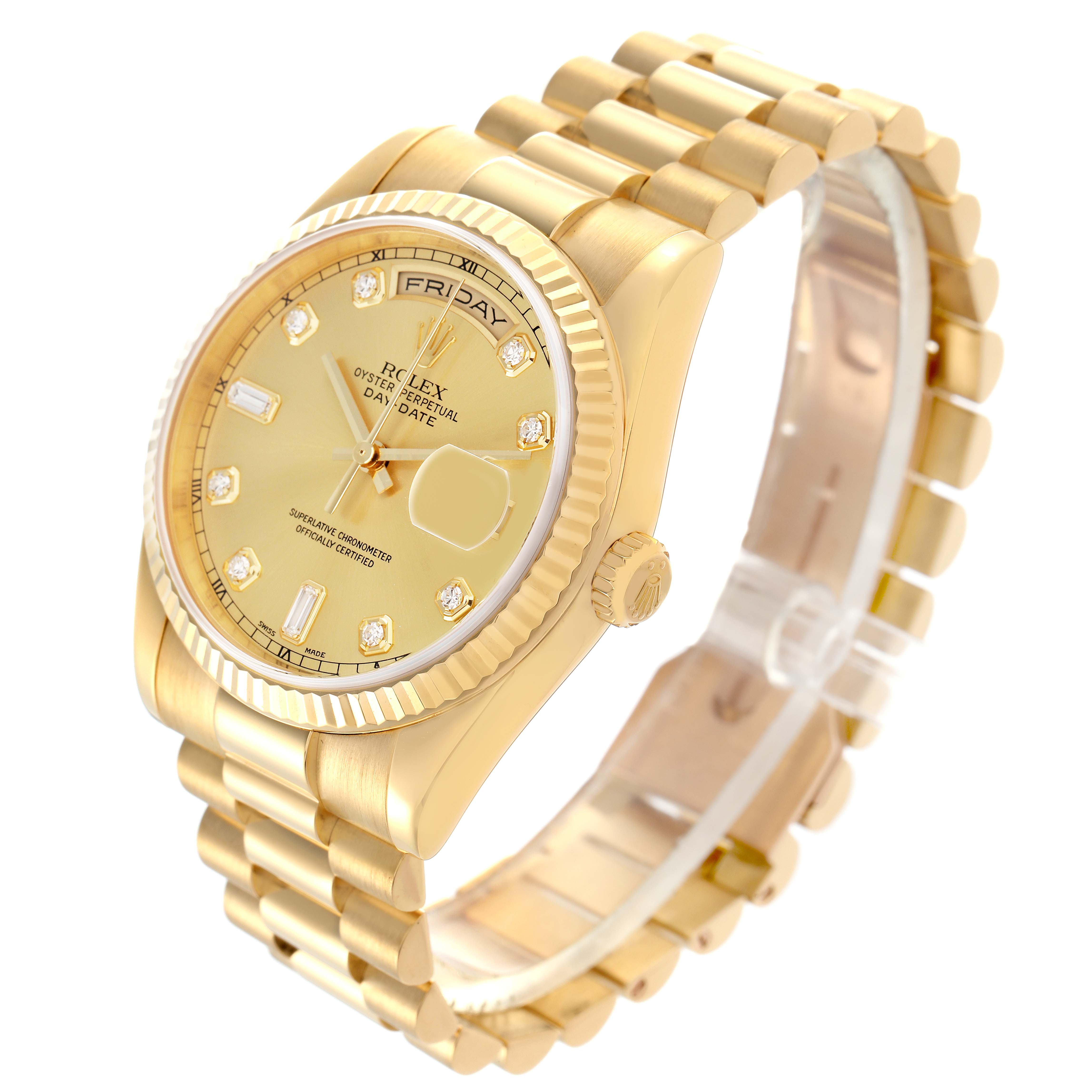 The Rolex President model 118238 is shown at a three-quarter angle, highlighting its gold case, fluted bezel, day-date function, and bracelet.