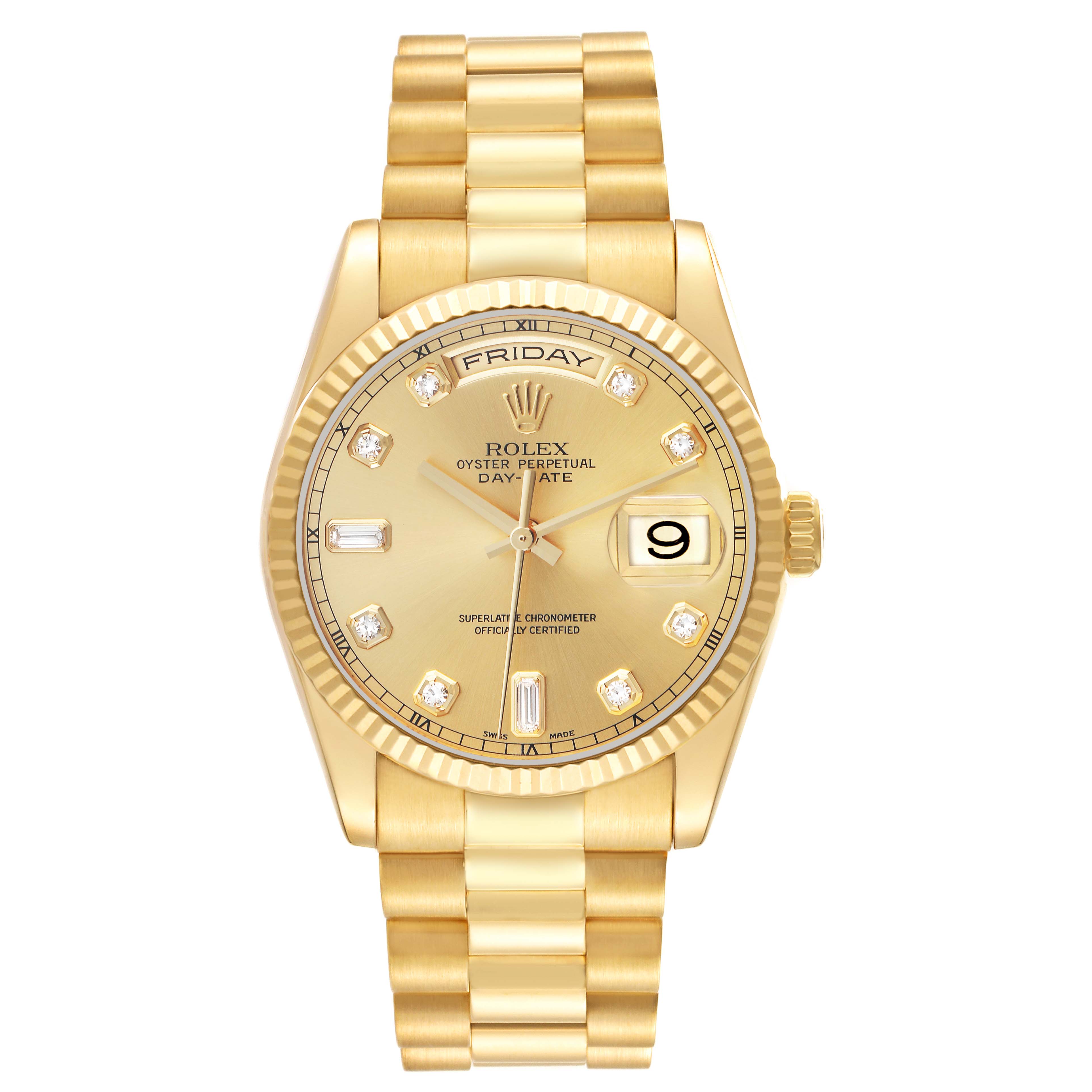 The image shows a frontal view of the Rolex President Model 118238 men's watch, displaying the dial, fluted bezel, and bracelet with its iconic design features.