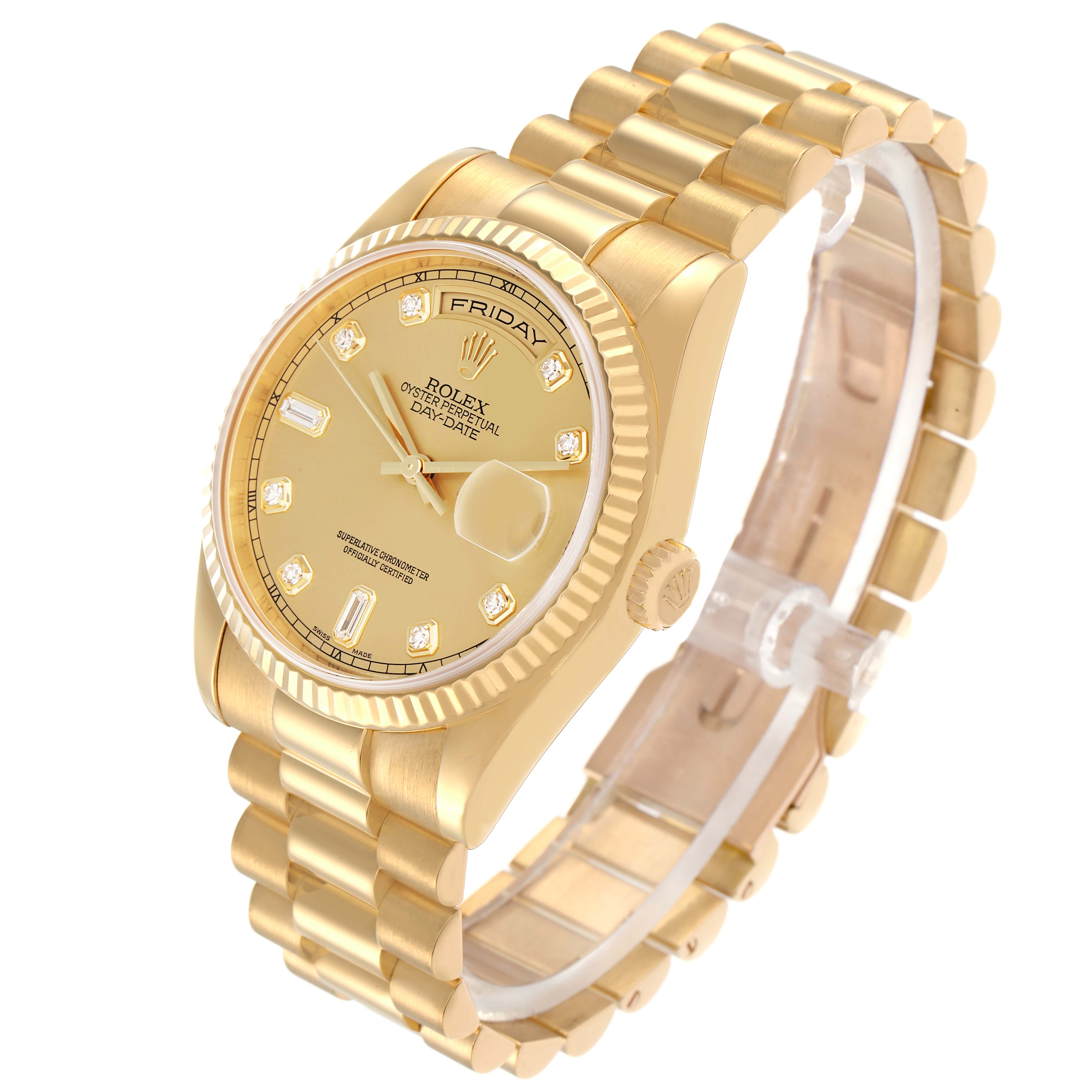 The Rolex Date model 118238 is displayed at a three-quarter angle, showcasing the face, bezel, crown, and part of the bracelet.