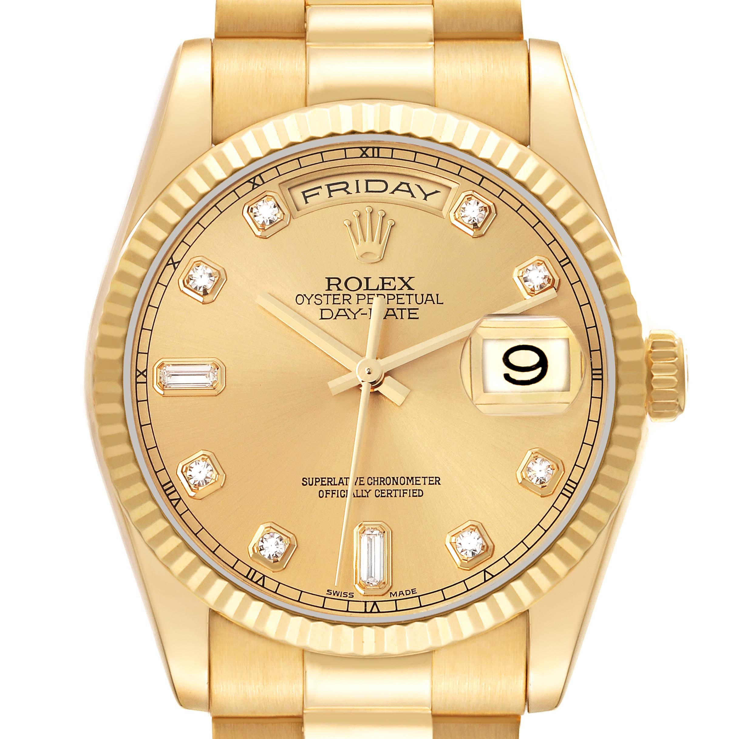 The image shows a front view of the Rolex Day-Date, model number 118238, highlighting its gold dial, diamond hour markers, and fluted bezel.