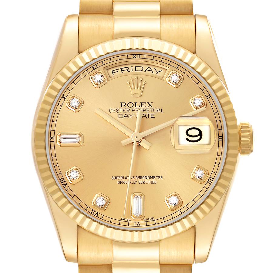 The image shows a front view of the Rolex Day-Date, model number 118238, highlighting its gold dial, diamond hour markers, and fluted bezel.