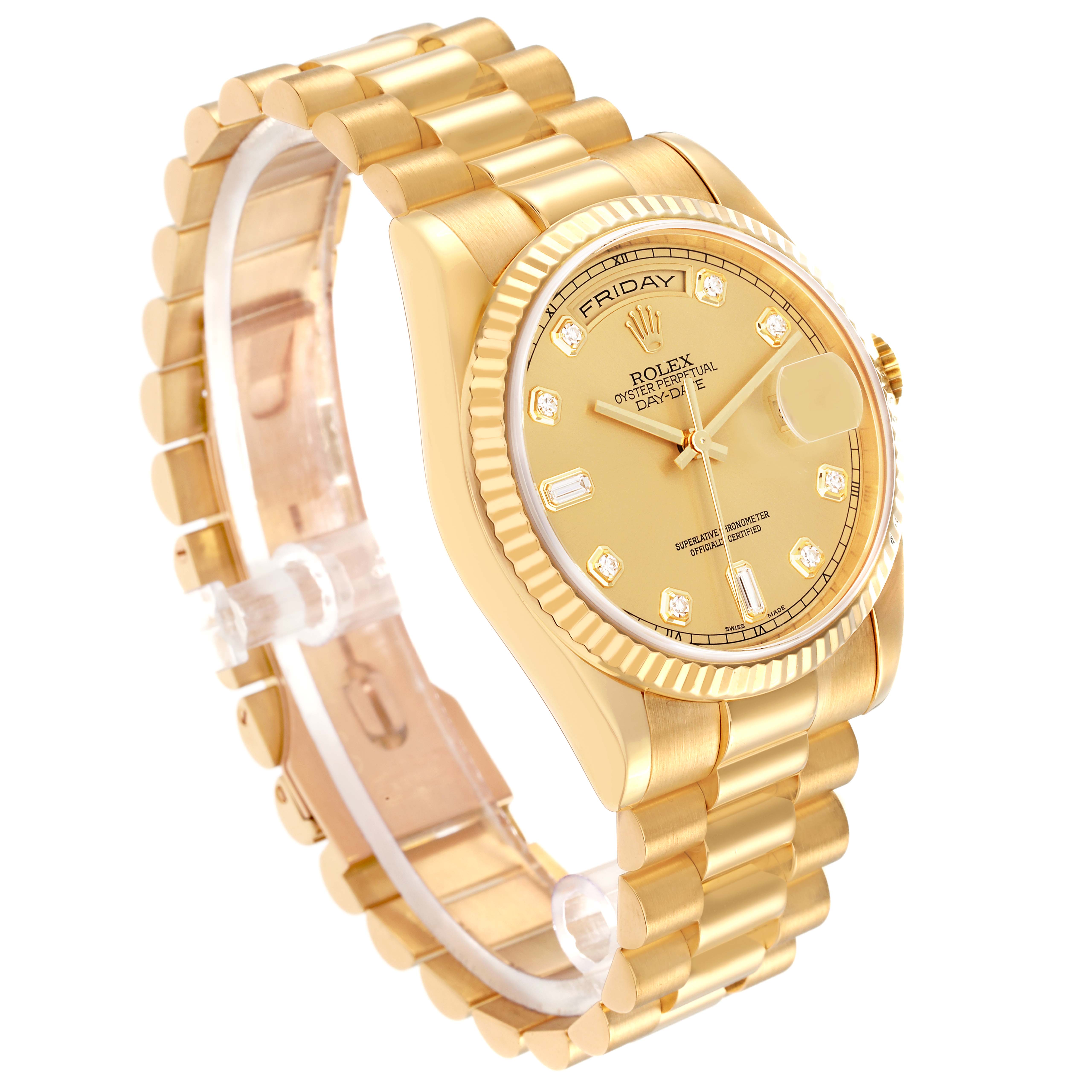 The Rolex Date model 118238 men
s watch is shown at a three-quarter angle, displaying the face, bezel, and bracelet.