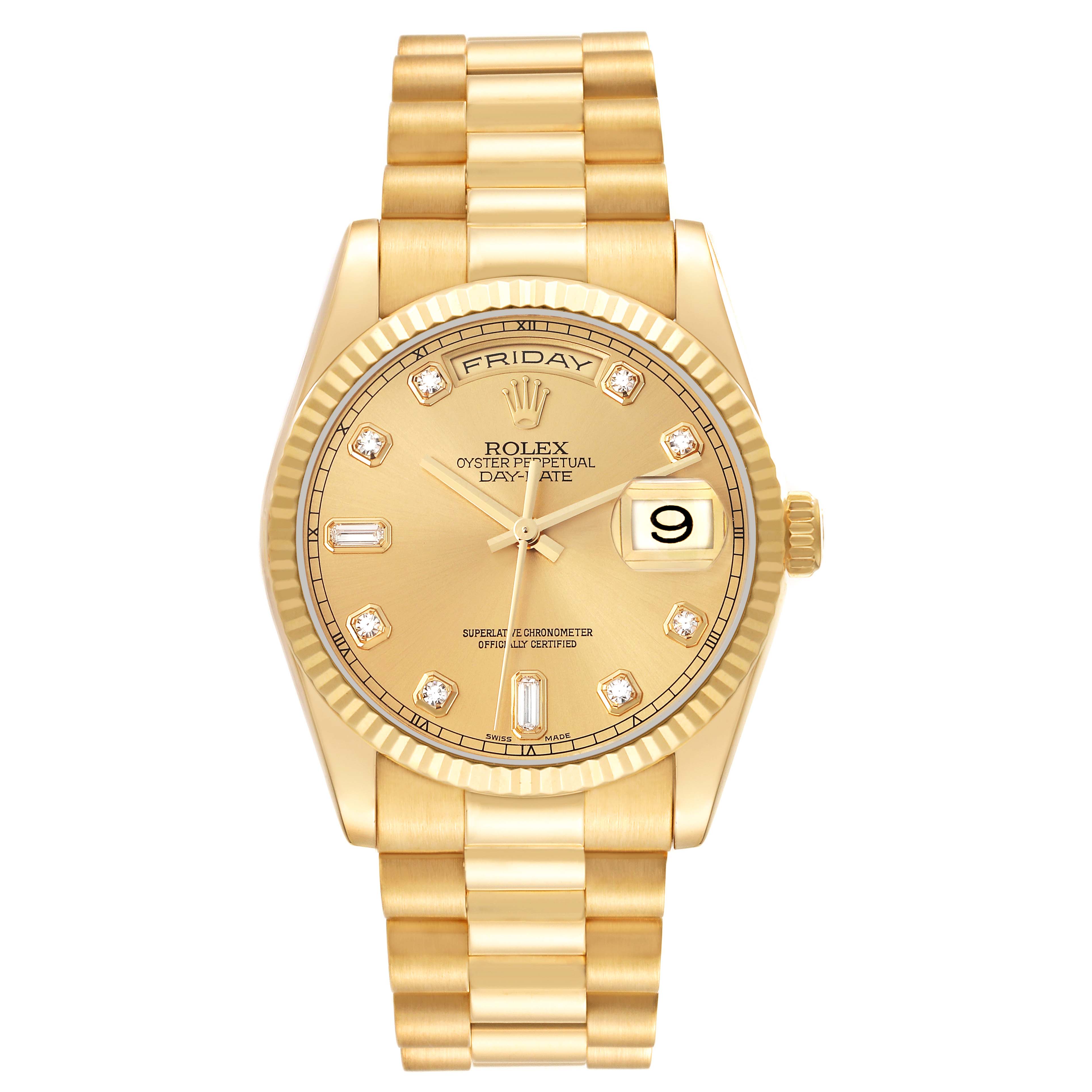 The image shows a Rolex Date model watch, model number 118238, displaying the face, bracelet, crown, and fluted bezel from a top view.