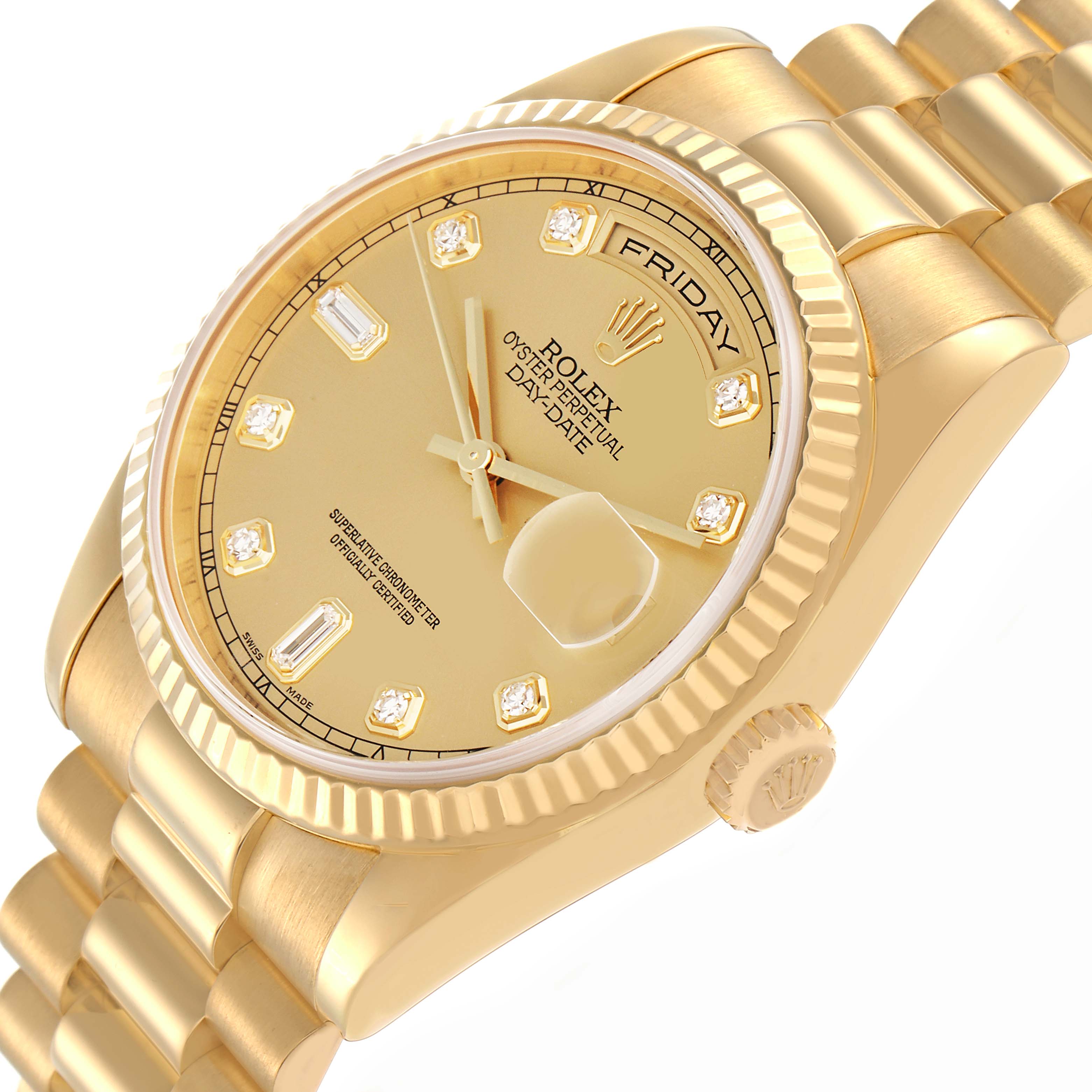 The image shows a Rolex Date model 118238 men’s watch at a slight angle, highlighting the face, bezel, bracelet, and crown.