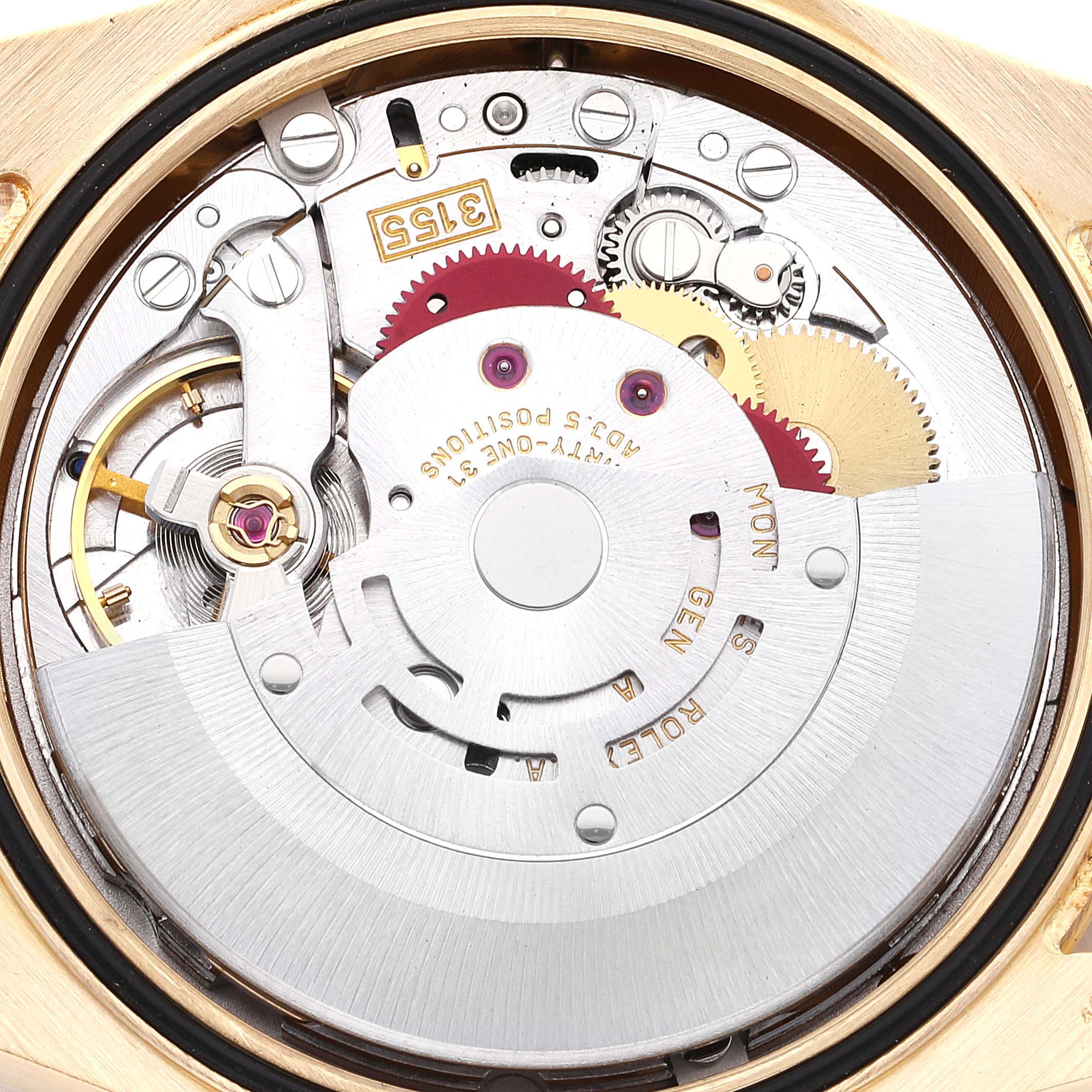 This image shows the internal movement mechanics of a Rolex President 118238 Men
s Yellow Gold Champagne Dial 118238 Men
s Yellow Gold Champagne Dial model watch.