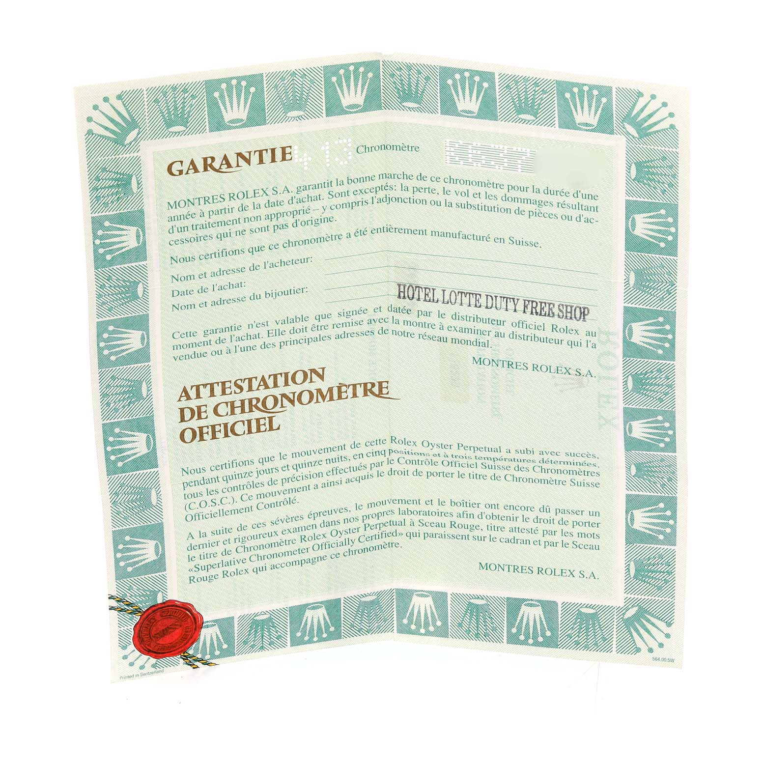 The image shows the warranty card and chronometer certification for the Rolex President 118238 Men
s Yellow Gold Champagne Dial 118238 Men
s Yellow Gold Champagne Dial model.