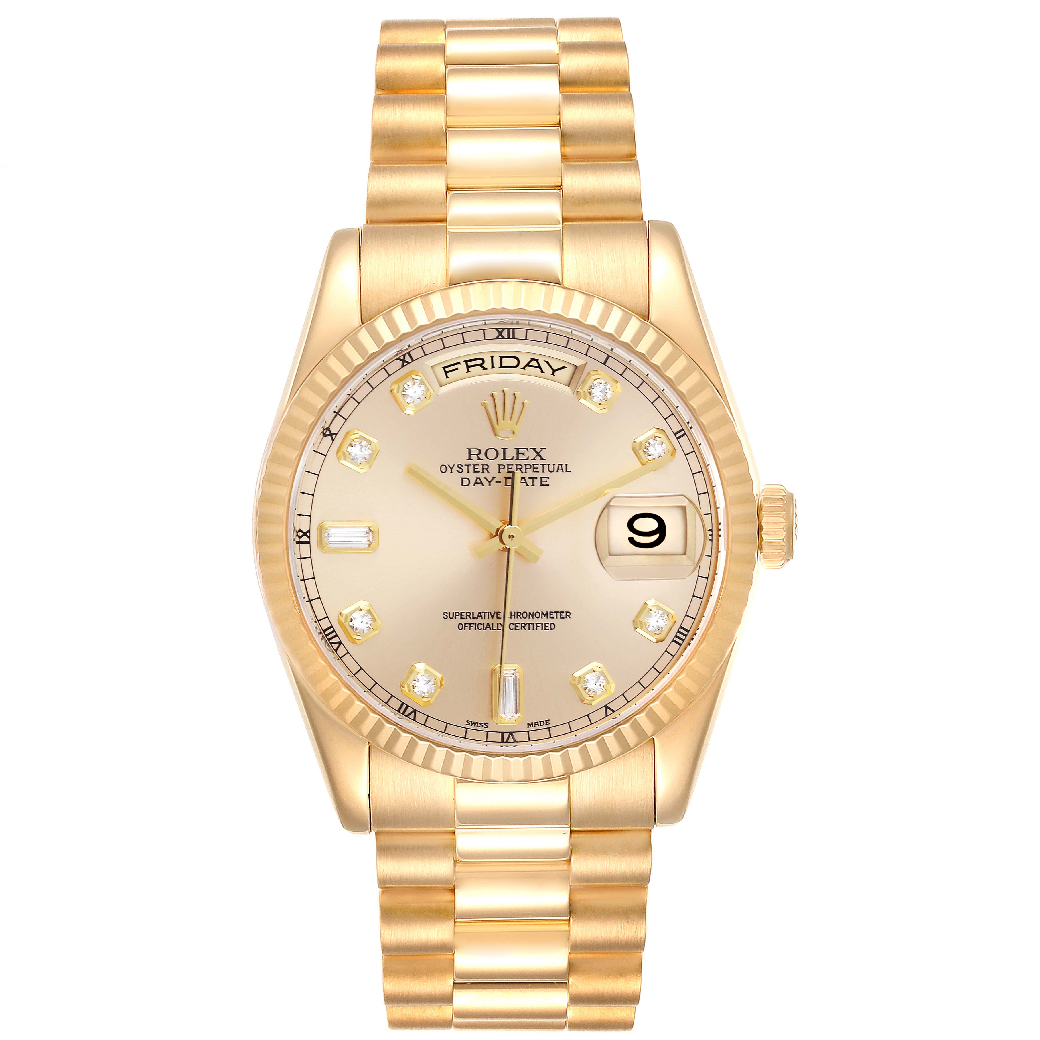 The image shows a front view of a Rolex President 118238 Men
s Yellow Gold Champagne Dial 118238 Men
s Yellow Gold Champagne Dial model watch, highlighting its gold bracelet, dial, and bezel.