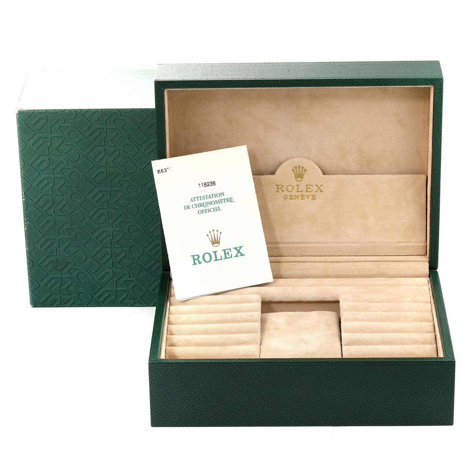 The image shows an open Rolex President 118238 Men
s Yellow Gold Champagne Dial 118238 Men
s Yellow Gold Champagne Dial model watch box with the certificate inside.