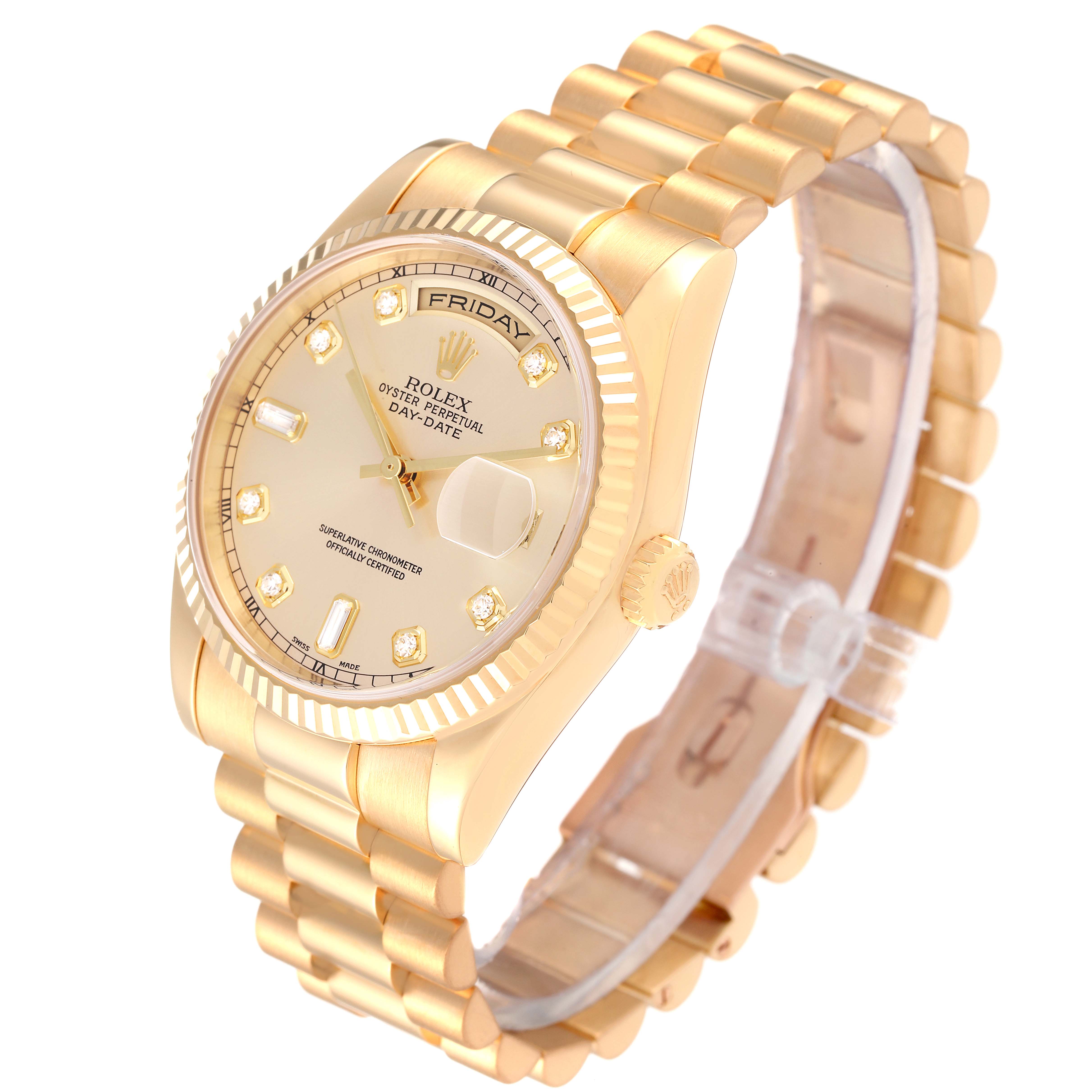 The Rolex President 118238 Men
s Yellow Gold Champagne Dial 118238 Men
s Yellow Gold Champagne Dial watch is shown at an angled view, displaying the face, bezel, crown, and bracelet clearly.
