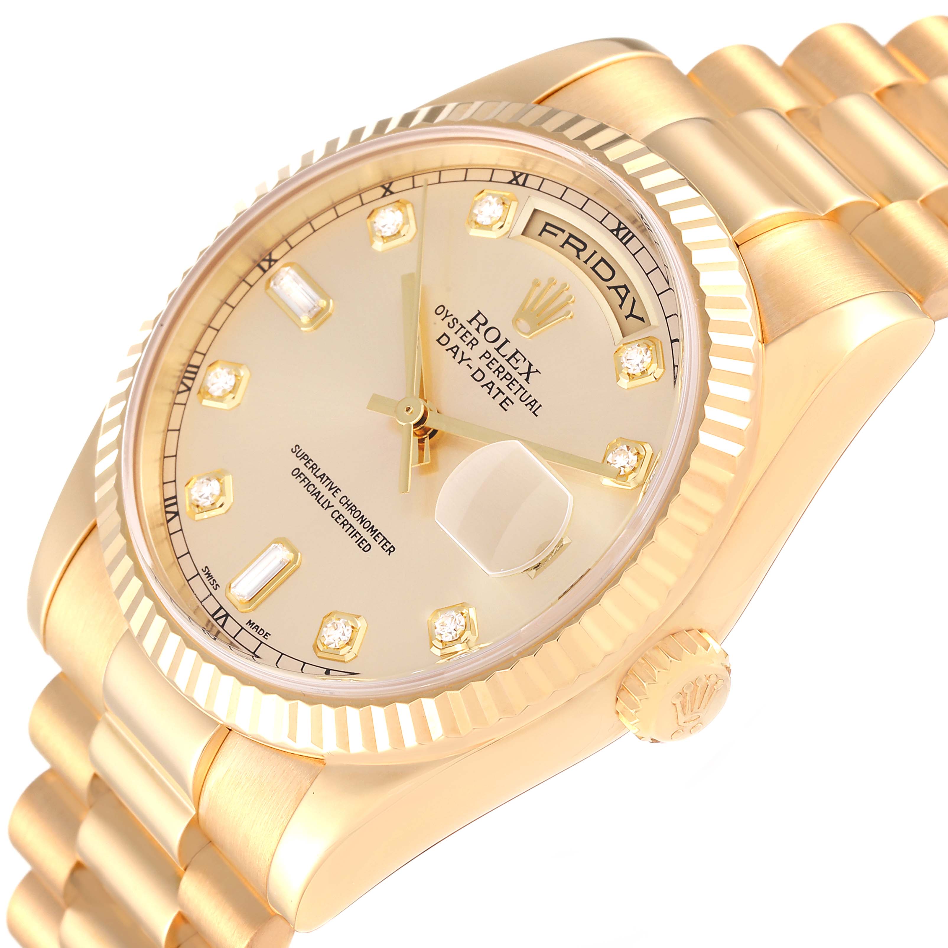 The Rolex President 118238 Men
s Yellow Gold Champagne Dial 118238 Men
s Yellow Gold Champagne Dial model watch is shown at an angle displaying its dial, day and date windows, bezel, and part of the bracelet.