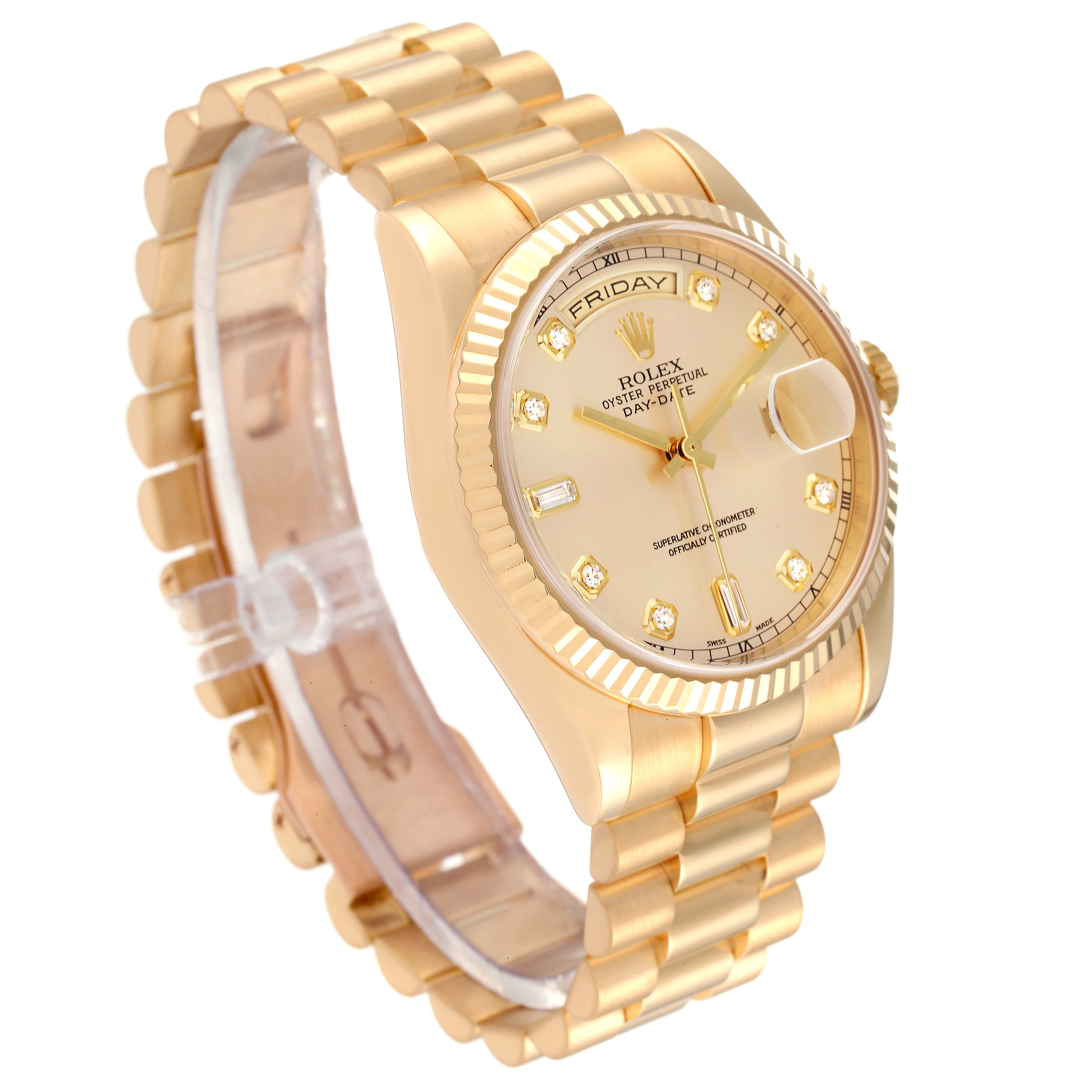 This image shows a side view of the Rolex President 118238 Men
s Yellow Gold Champagne Dial 118238 Men
s Yellow Gold Champagne Dial model watch, highlighting the gold case, band, and detailed dial.