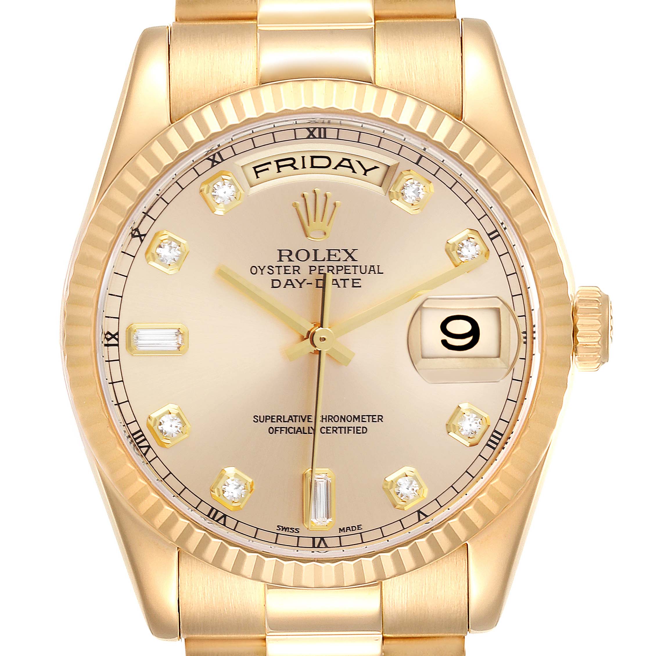This image displays the Rolex President 118238 Men
s Yellow Gold Champagne Dial 118238 Men
s Yellow Gold Champagne Dial model watch from a front angle, showcasing the dial, bracelet, and crown.