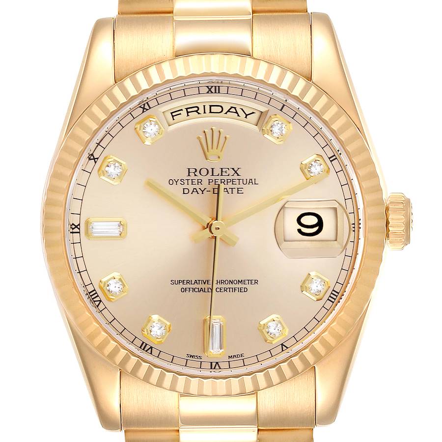 Rolex President Day Date Yellow Gold Diamond Mens Watch 118238 Box Papers SwissWatchExpo