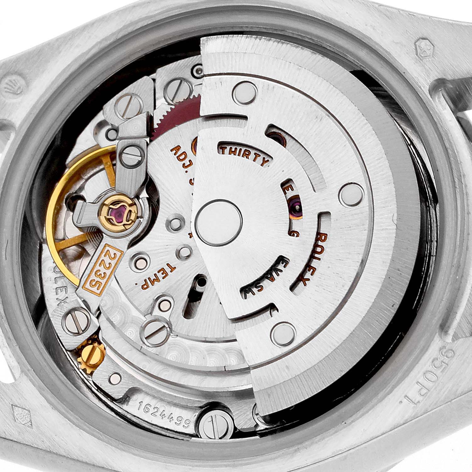 This image shows the movement mechanism of a Rolex President 179136 Women's Platinum Silver Dial 179136 Women's Platinum Silver Dial watch viewed from the back.