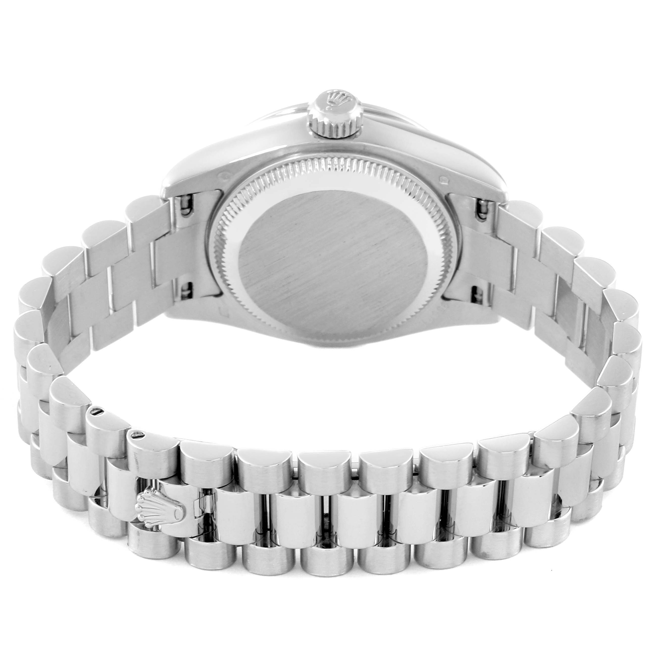 This image shows the back and bracelet of a Rolex President 179136 Women's Platinum Silver Dial 179136 Women's Platinum Silver Dial model watch.