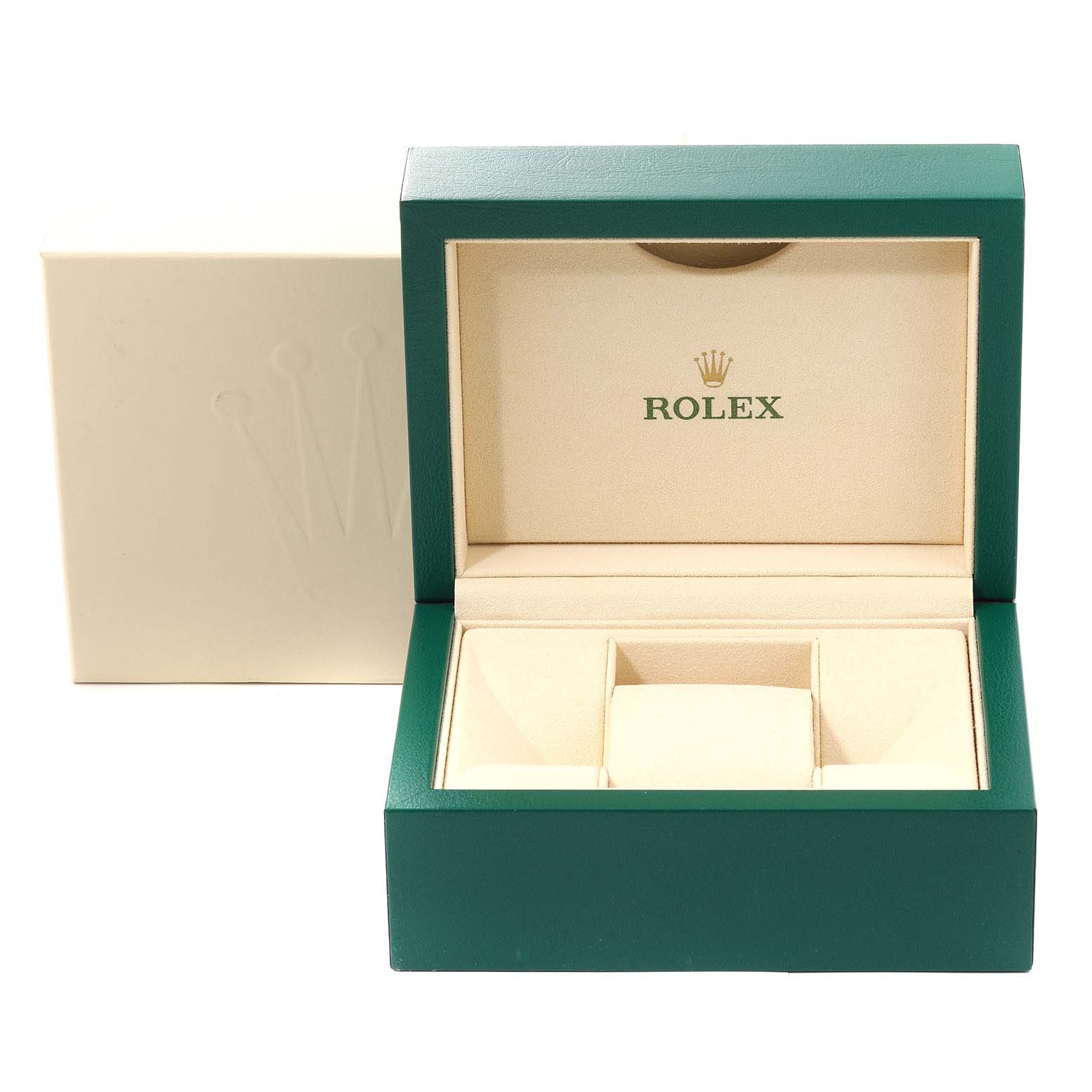 The image shows an open Rolex President 179136 Women's Platinum Silver Dial 179136 Women's Platinum Silver Dial model watch box with a green exterior and beige interior.