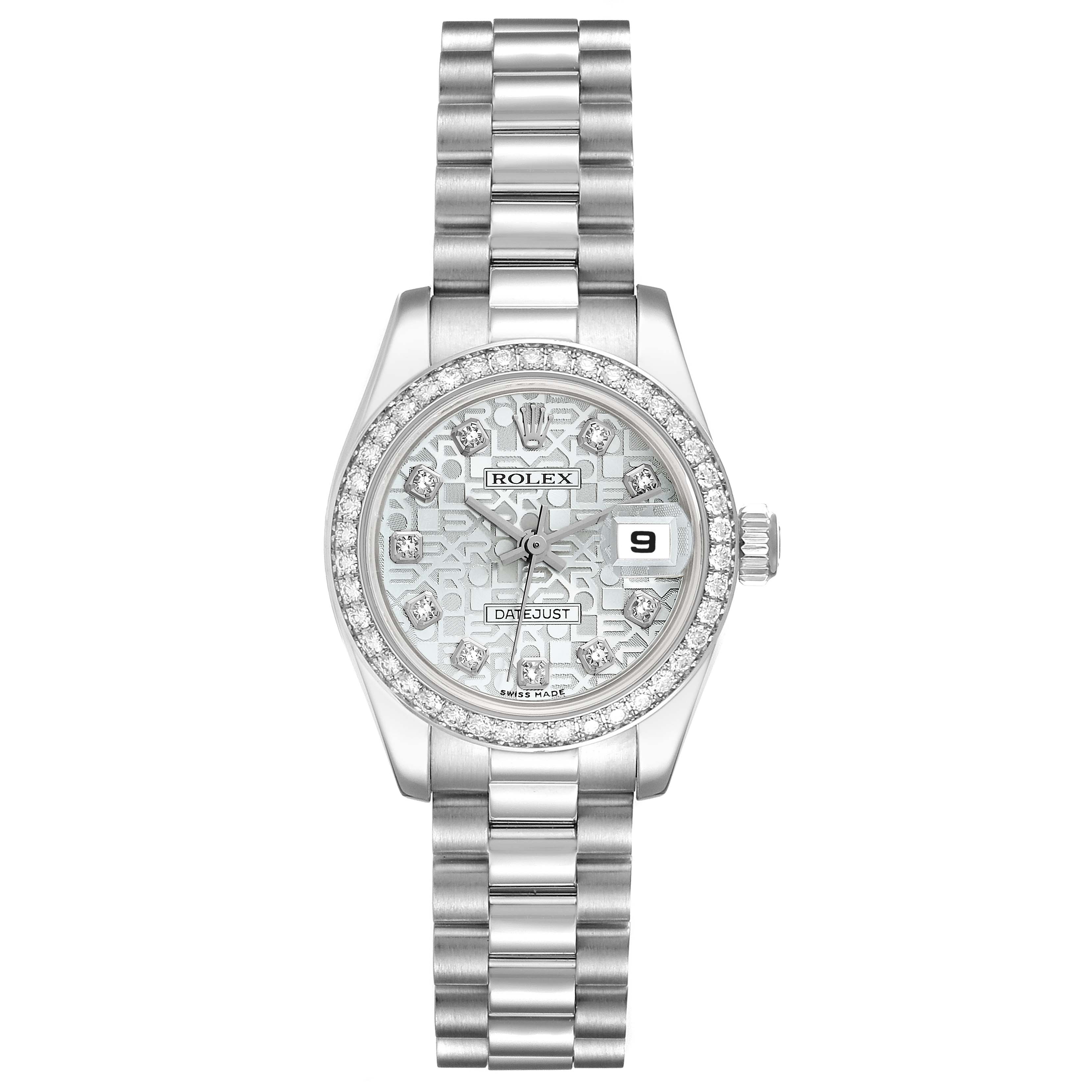 The Rolex President 179136 Women's Platinum Silver Dial 179136 Women's Platinum Silver Dial model is shown from a top-down angle, displaying the bracelet, case, dial, and bezel.