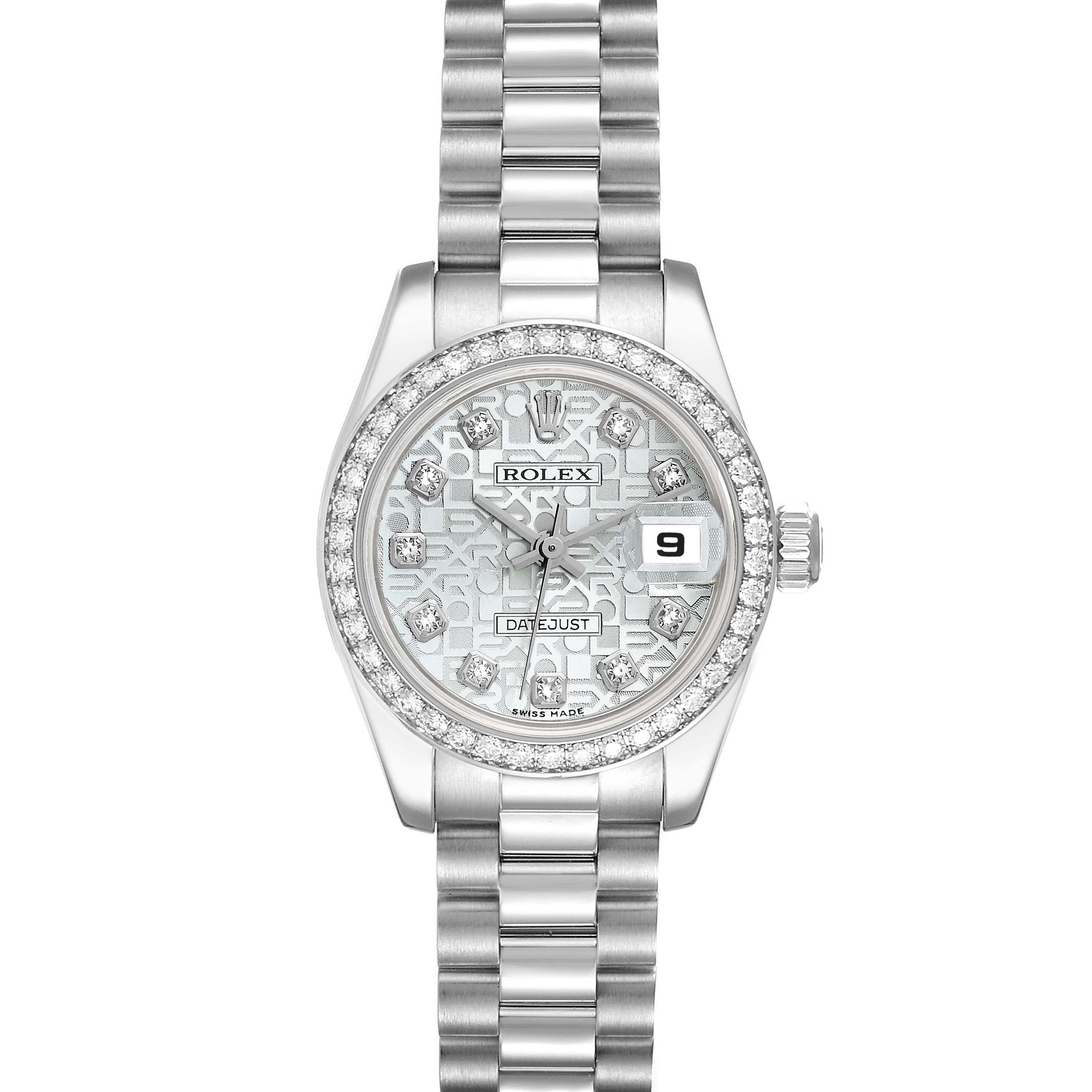 The Rolex President 179136 Women's Platinum Silver Dial 179136 Women's Platinum Silver Dial model watch is shown from a top-down angle, highlighting the face, bezel, and bracelet.