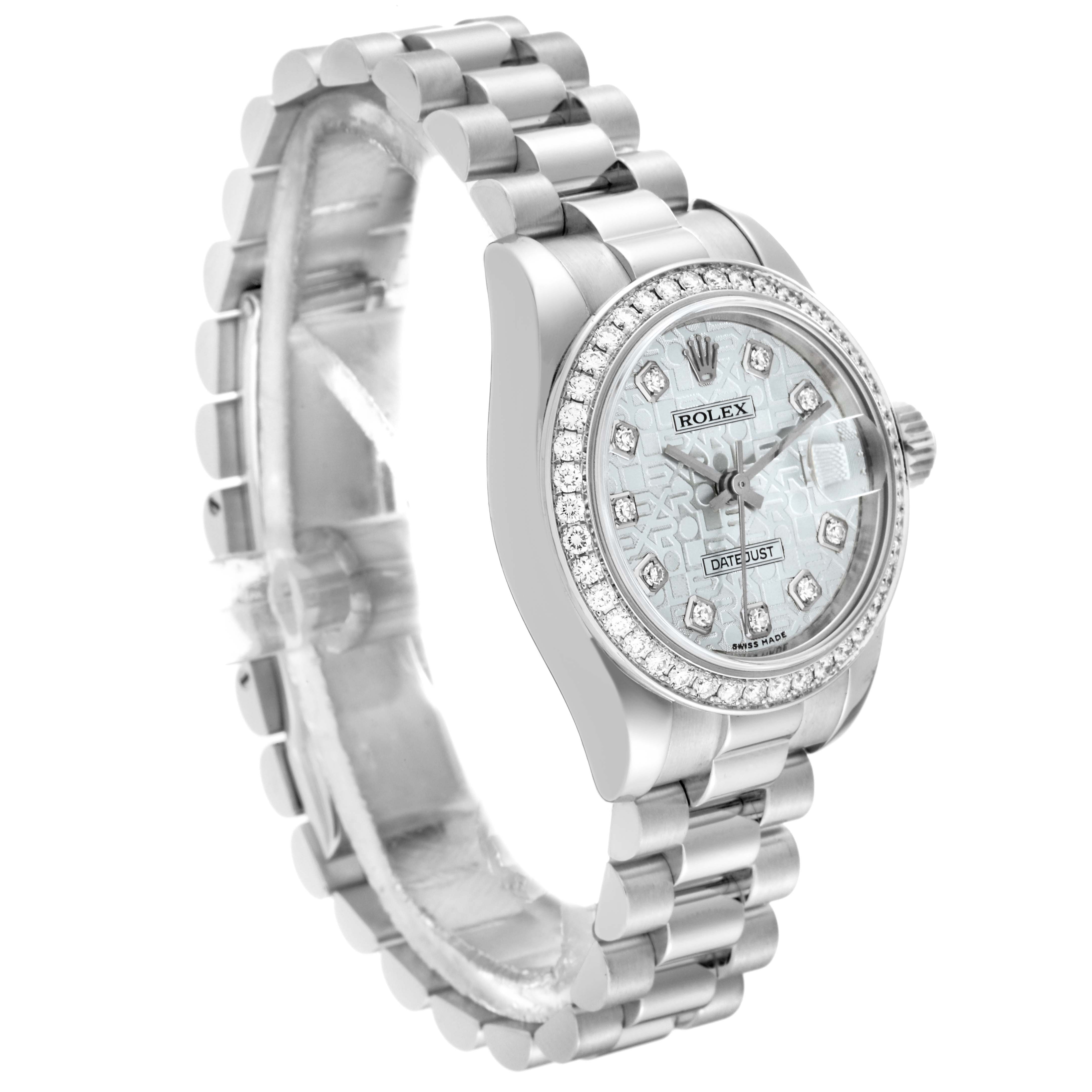The image shows a side angle of the Rolex President 179136 Women's Platinum Silver Dial 179136 Women's Platinum Silver Dial model watch, highlighting the face, bezel, and bracelet.