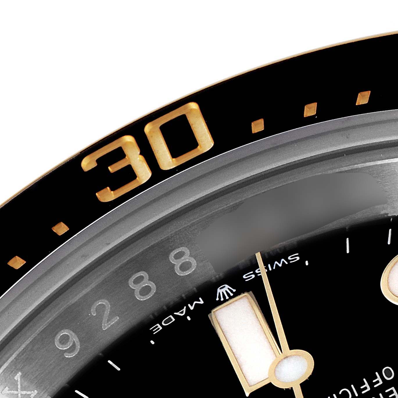 The image shows a close-up of the bezel and part of the dial of a Rolex Sea-Dweller 126603 Men's Steel and Gold (two tone) Black Dial 126603 Men's Steel and Gold (two tone) Black Dial watch, focusing on the 30-minute marker.