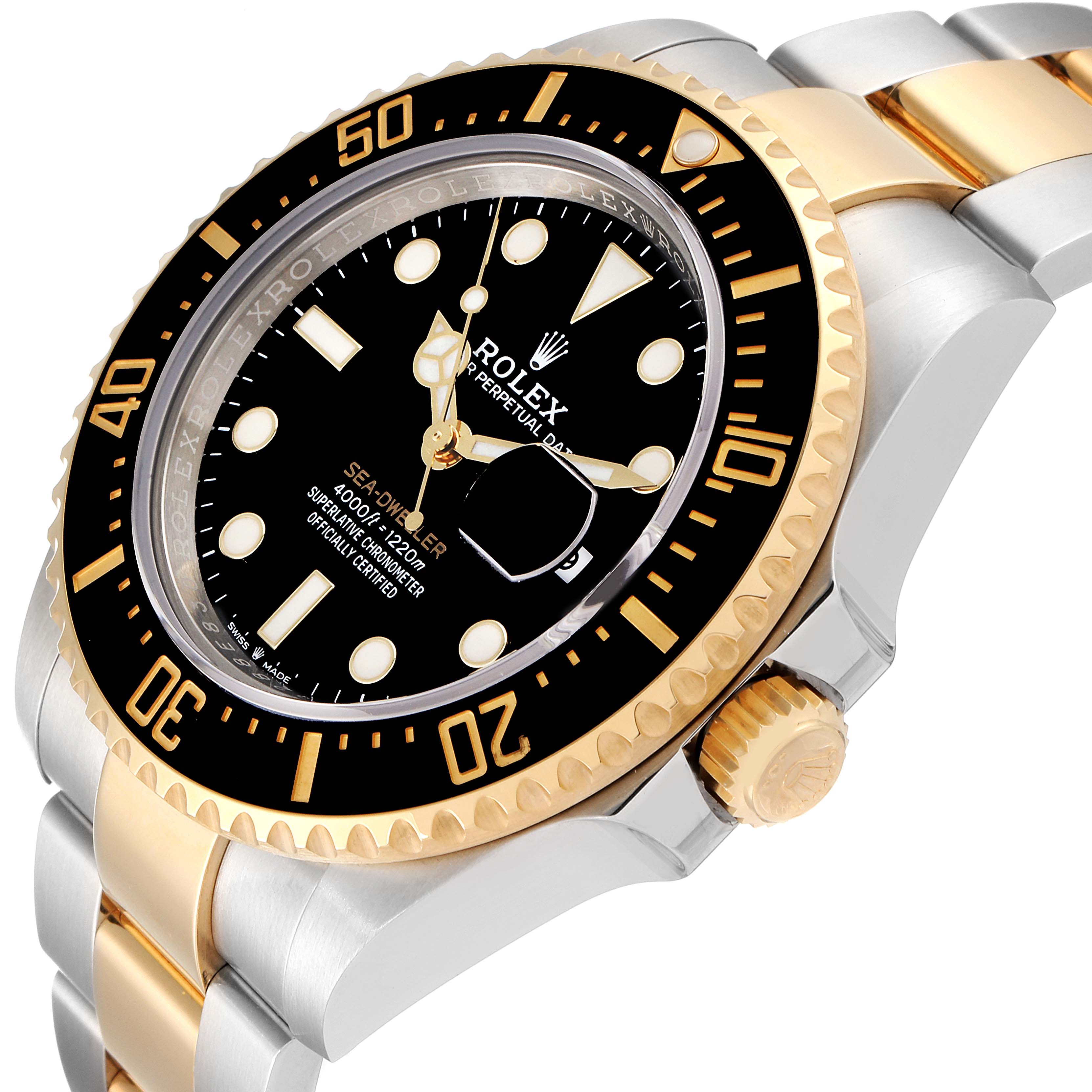 This image shows a close-up angle of the Rolex Sea-Dweller 126603 Men's Steel and Gold (two tone) Black Dial 126603 Men's Steel and Gold (two tone) Black Dial watch, highlighting the dial, bezel, crown, and part of the bracelet.
