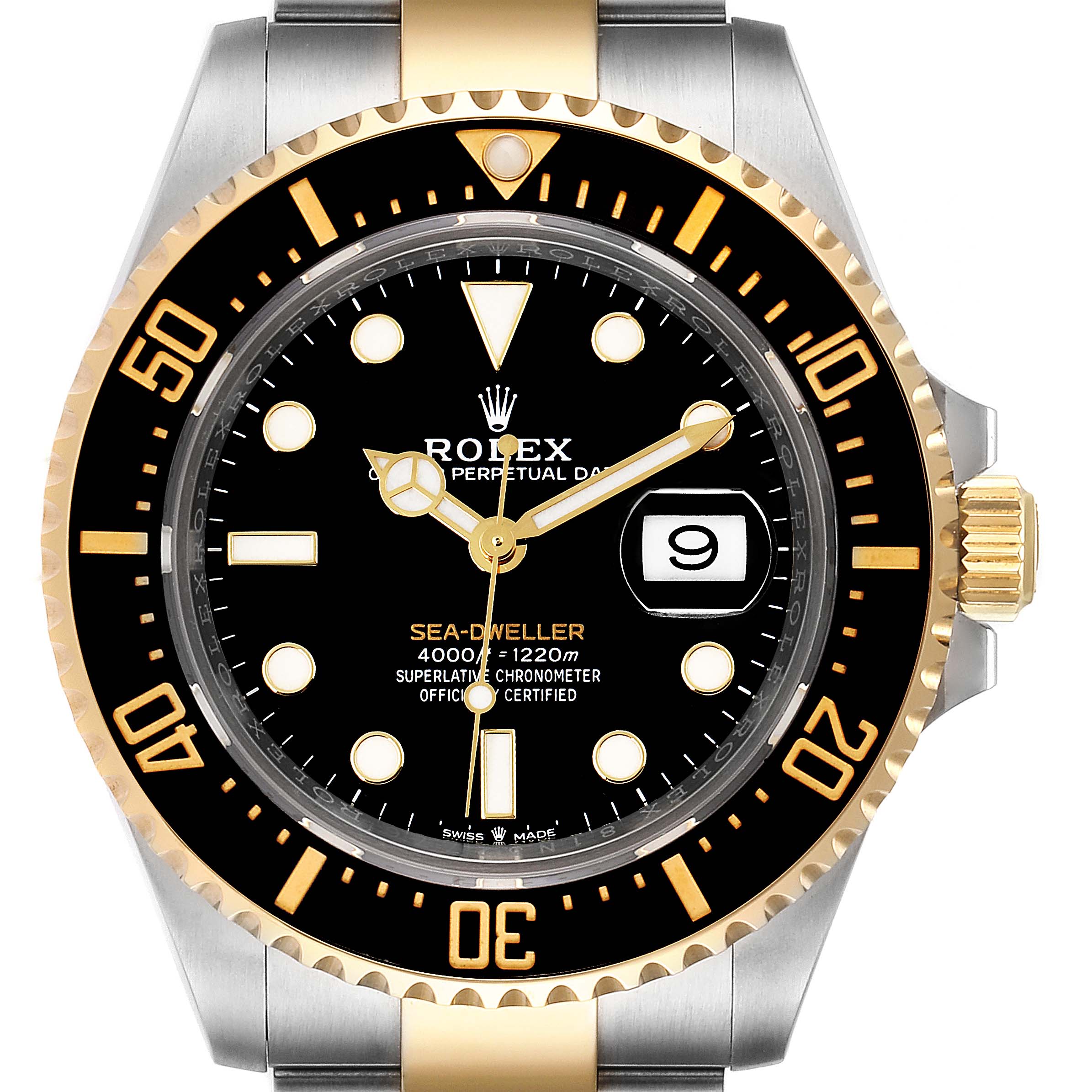 This image shows a frontal view of the Rolex Sea-Dweller 126603 Men's Steel and Gold (two tone) Black Dial 126603 Men's Steel and Gold (two tone) Black Dial watch, highlighting the dial, bezel, and part of the bracelet.
