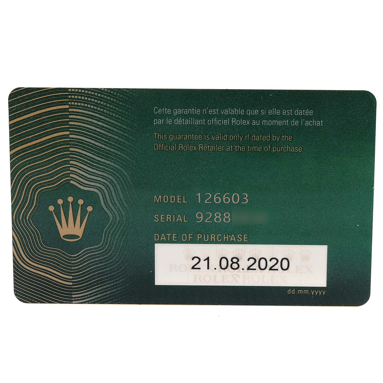 This image shows the guarantee card for a Rolex Sea-Dweller 126603 Men's Steel and Gold (two tone) Black Dial 126603 Men's Steel and Gold (two tone) Black Dial model 126603, including its serial number and purchase date.