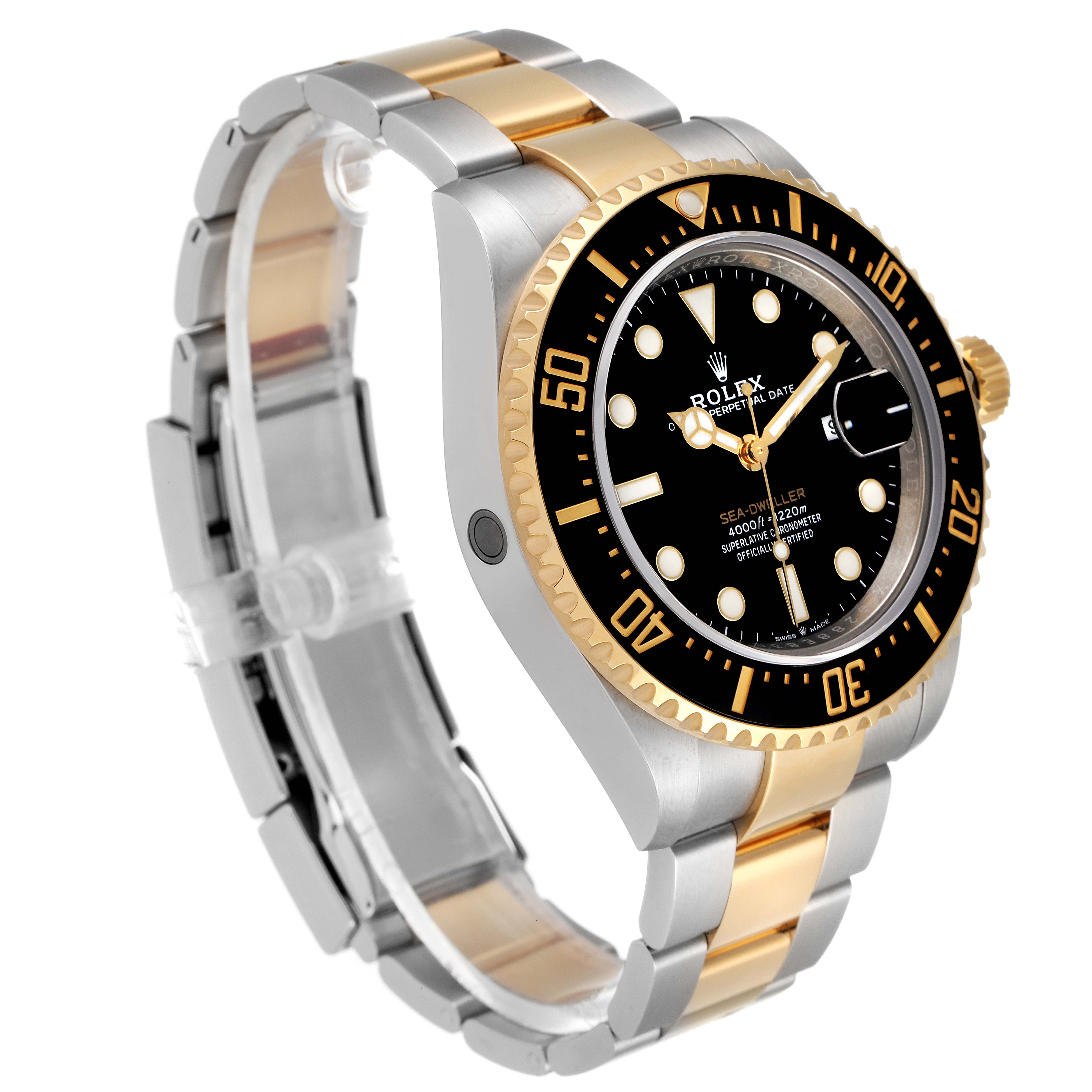 The Rolex Sea-Dweller 126603 Men's Steel and Gold (two tone) Black Dial 126603 Men's Steel and Gold (two tone) Black Dial watch is shown at a three-quarter angle, highlighting its two-tone bracelet, bezel, and face.