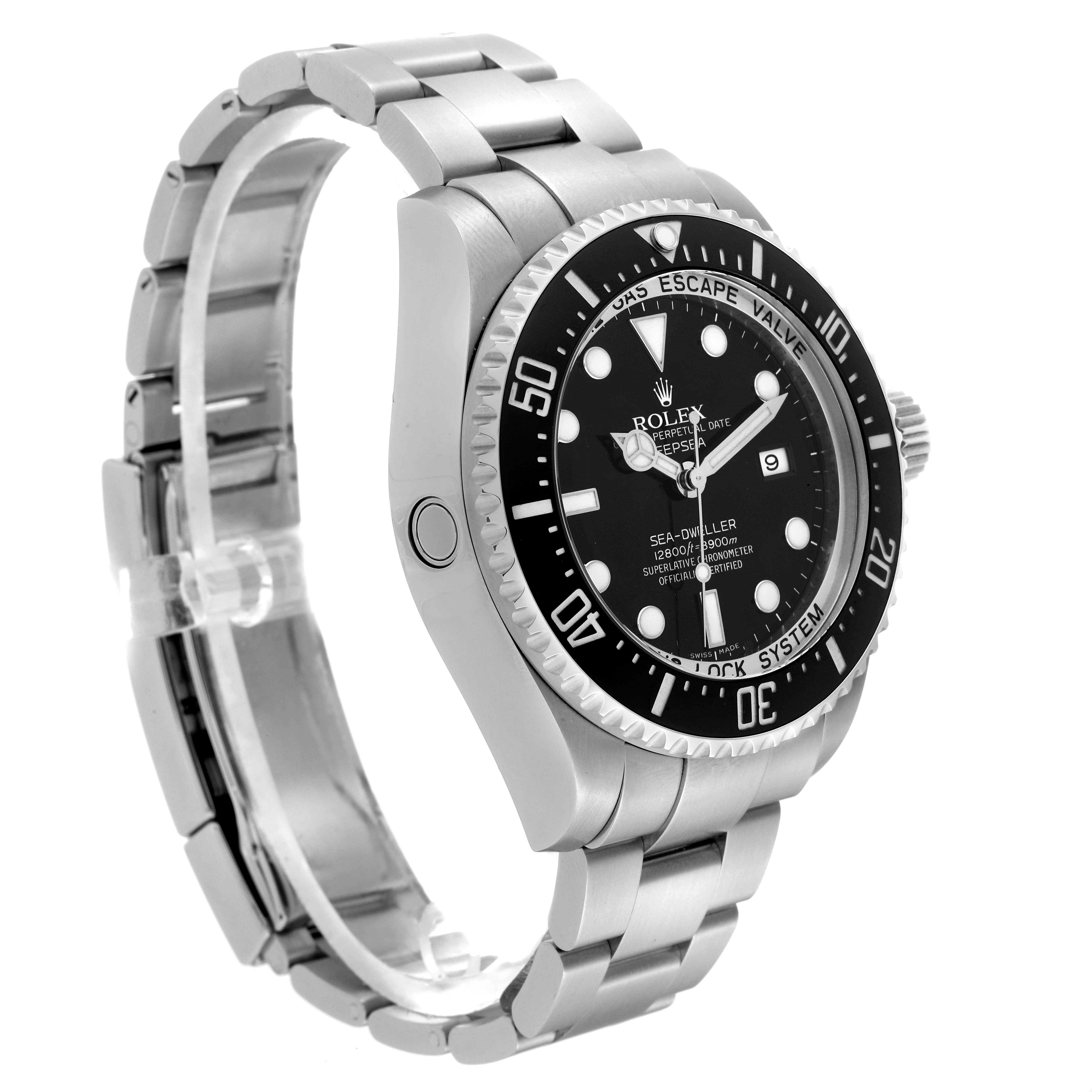The image shows a side angle of the Rolex Sea-Dweller 116660 Men
s Stainless Steel Black Dial 116660 Men
s Stainless Steel Black Dial watch, featuring its dial, bezel, crown, and bracelet.