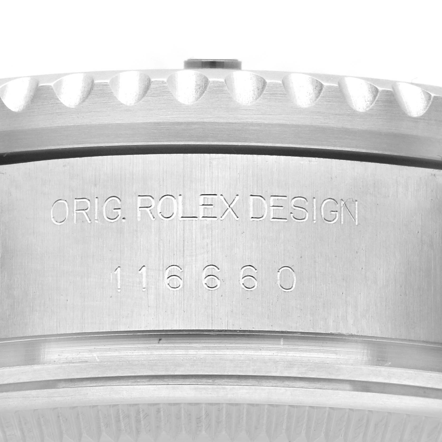 This close-up image shows the engraved side of the case of a Rolex Sea-Dweller 116660 Men
s Stainless Steel Black Dial 116660 Men
s Stainless Steel Black Dial model, with design details and the reference number.