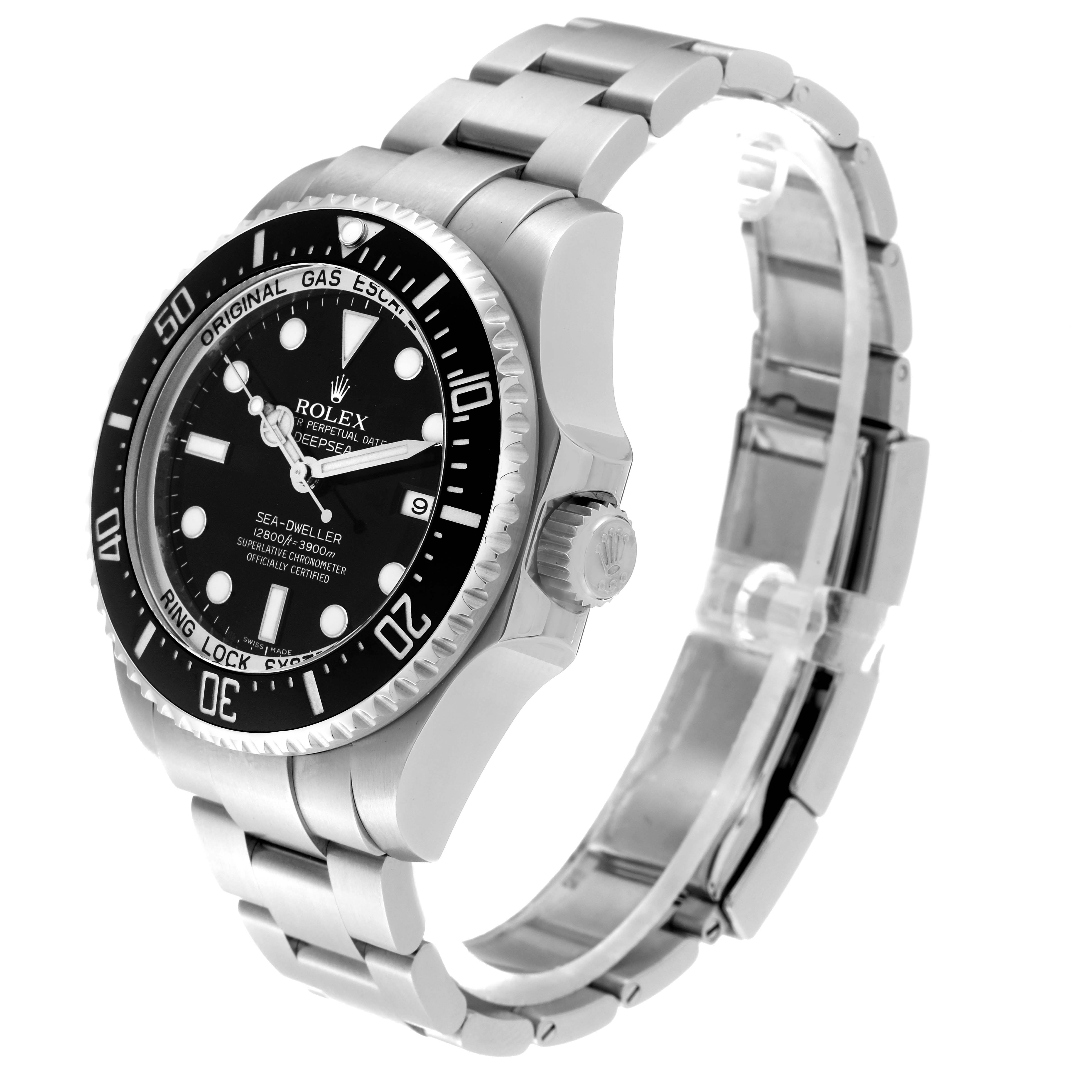 The image shows a side and front angle of the Rolex Sea-Dweller 116660 Men
s Stainless Steel Black Dial 116660 Men
s Stainless Steel Black Dial watch, highlighting its bezel, dial, crown, and bracelet.