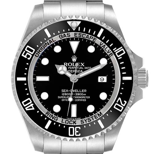 This image shows a front view of a Rolex Sea-Dweller watch, highlighting the dial, bezel, and a portion of the bracelet.