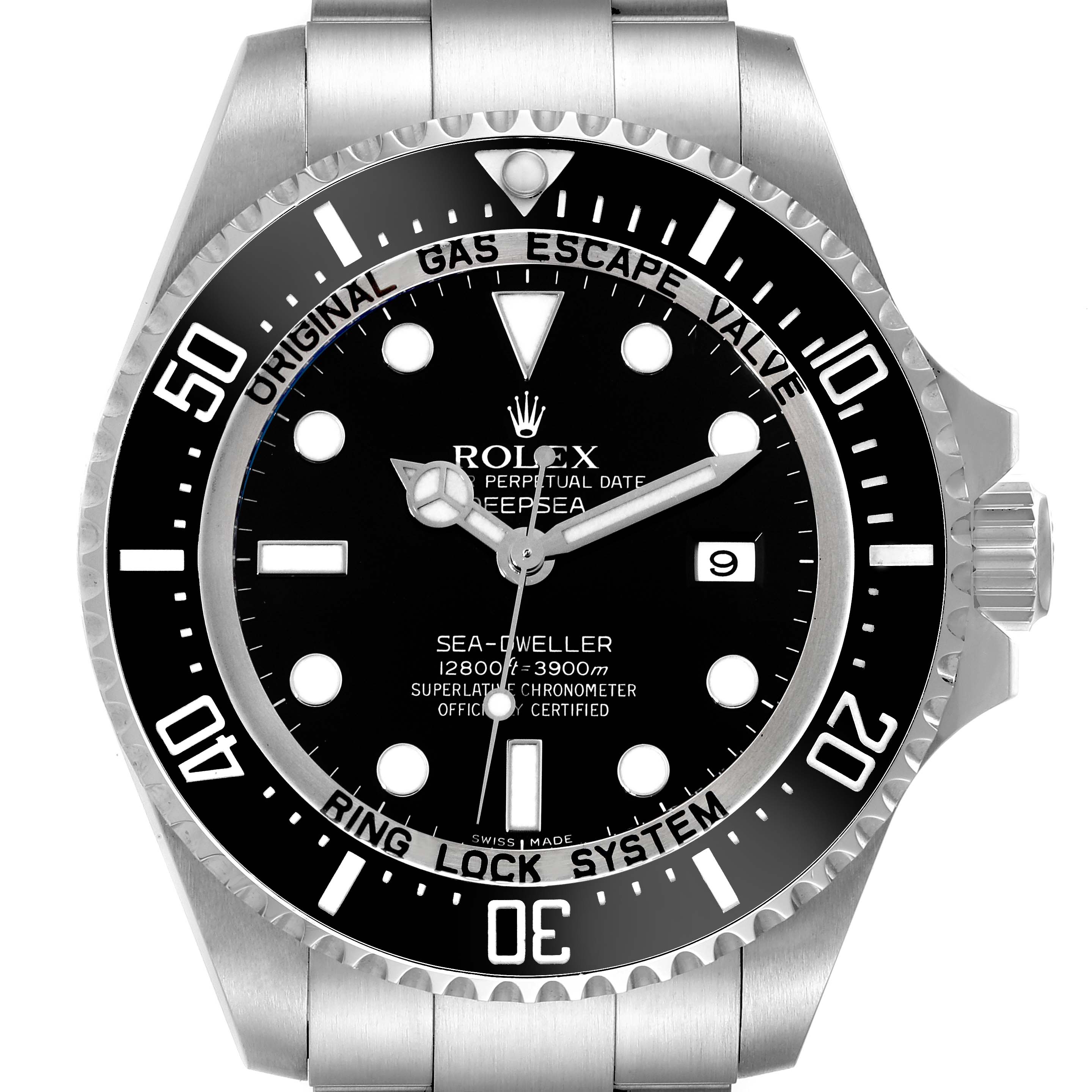 The image shows a front view of the Rolex Sea-Dweller 116660 Men
s Stainless Steel Black Dial 116660 Men
s Stainless Steel Black Dial watch, highlighting its black dial, rotating bezel, and stainless steel bracelet.